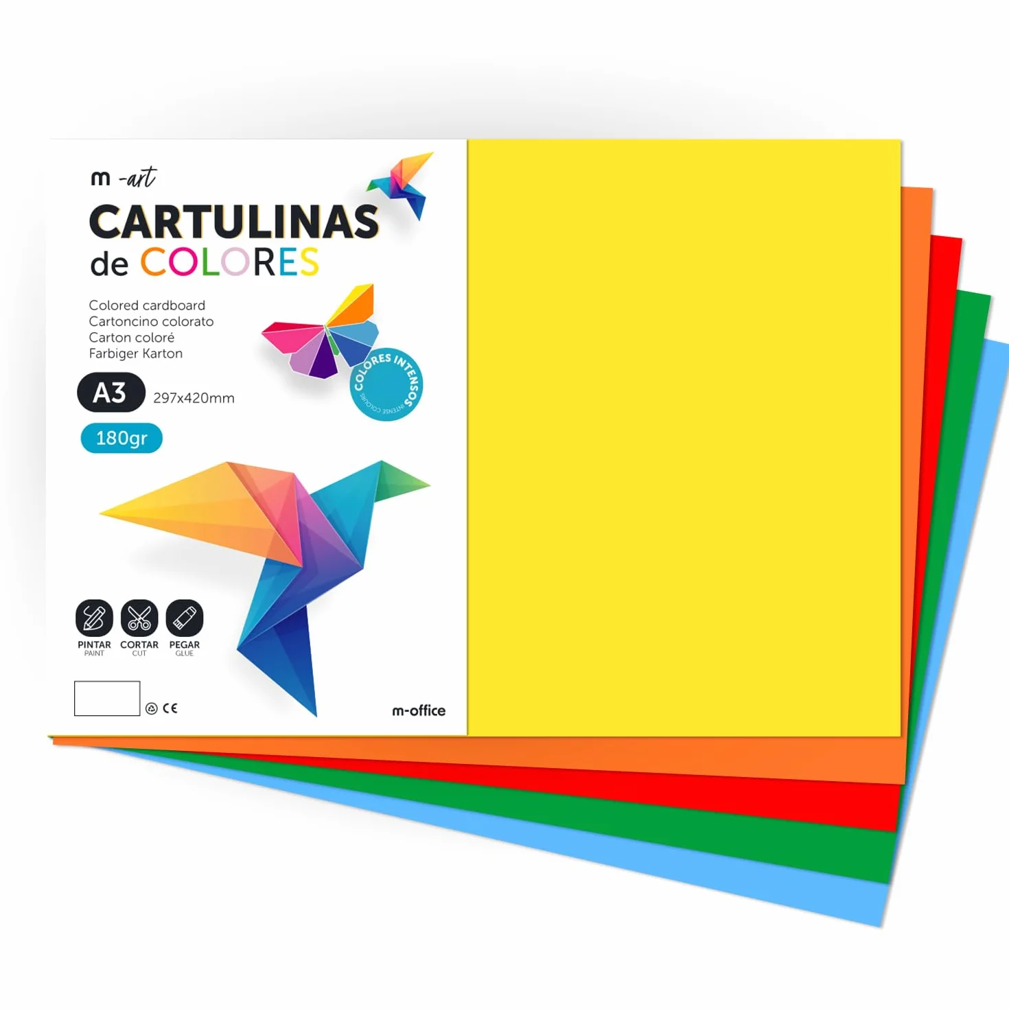 M-Office Cartulina A3 180gr - Surtido de Colores Intensos para Manualidades, Impresión de Documentos y Diseños Creativos (10 Hojas)