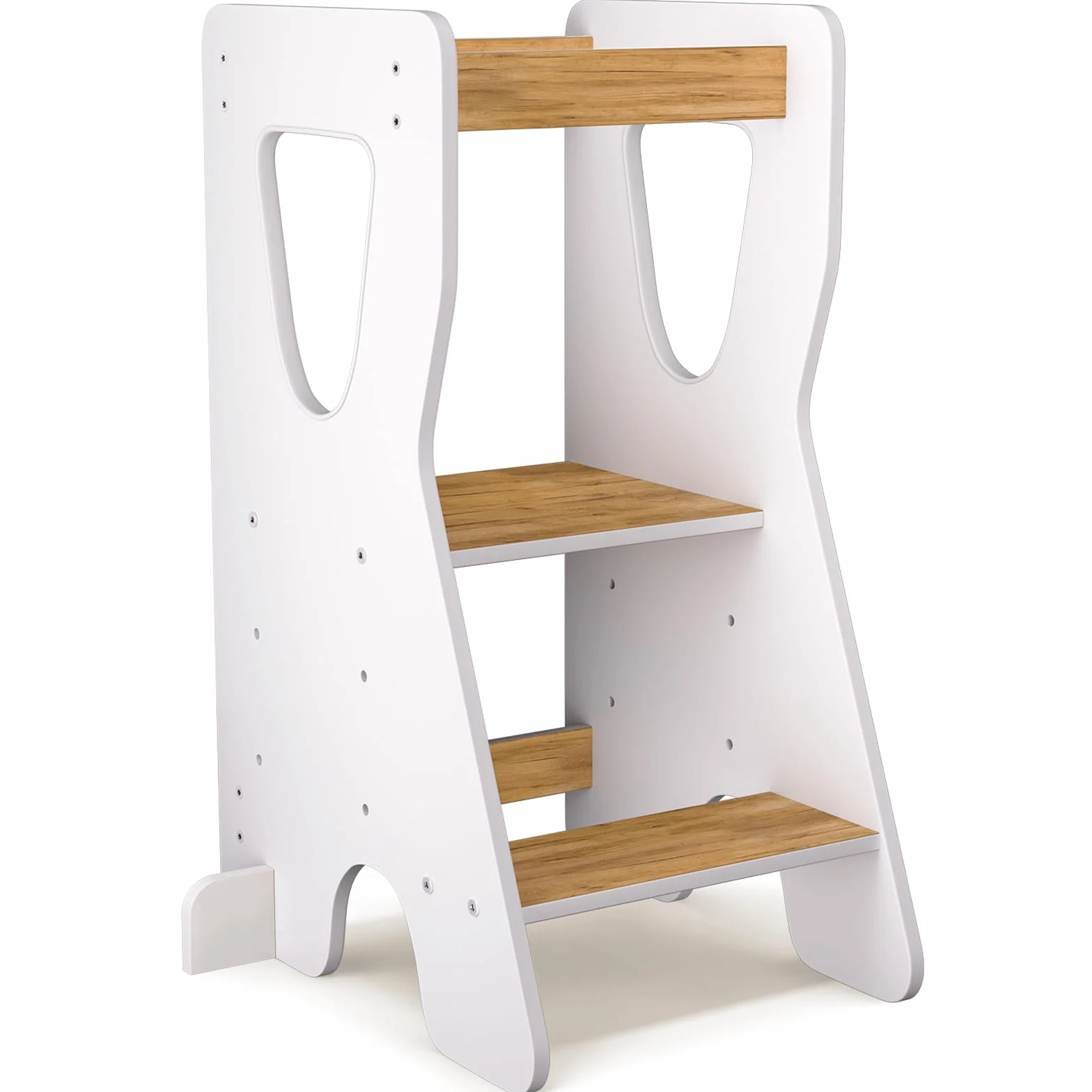 COSYLAND Torre de Aprendizaje Montessori Madera Altura Ajustable 3 Niveles Barandillas Seguridad Natural Blanco