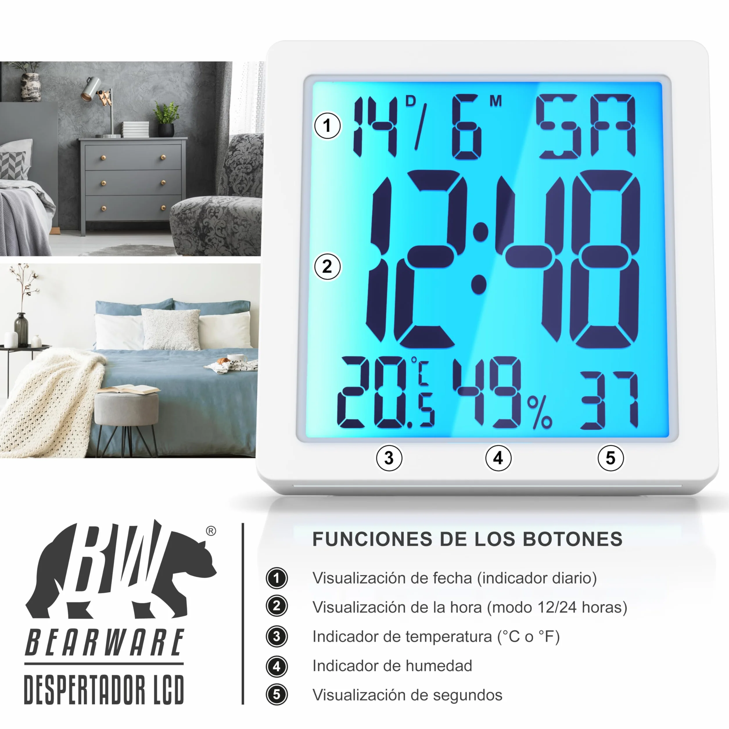 Reloj Despertador Digital con 10,3cm Pantalla LED de Temperatura Humedad Fecha y día, Alarm Cloc Snooze Termómetro Formato 12/24 horas, Reloj digital de Mesa de Viaje para Sala de Oficinas Familiares