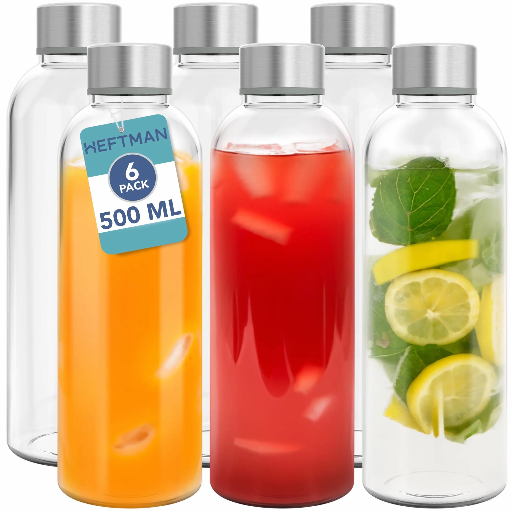HEFTMAN Botellas de cristal de 500ml con tapa, botella de agua de vidrio vacía, hermética, a prueba de fugas, tapa de acero inoxidable, agua, batidos, botellas de zumo para trabajo, gimnasio, hogar
