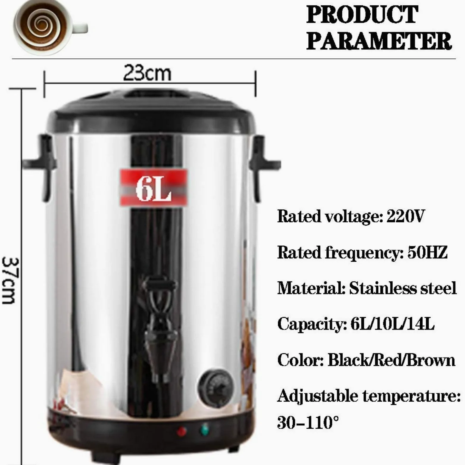 Hervidor de café Comercial para Grupos Grandes, Termo eléctrico para Agua Caliente, Acero Inoxidable de Doble Pared, dispensador/Servidor de Bebidas Aislado en Color Negro (Red 10L)