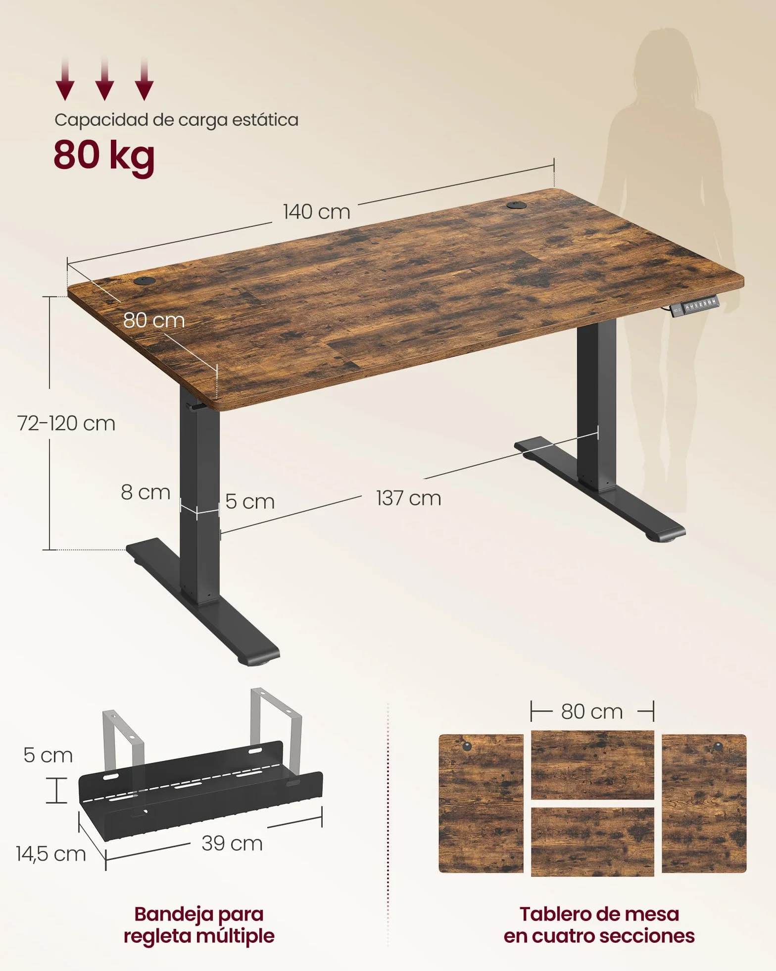 VASAGLE Escritorio Ajustable en Altura, 140 x 80 cm, Puerto USB-C, Estante para Regleta Eléctrica, Recordatorio de Sedentarismo, 3 Botones de Memoria, para Oficina, Marrón Rústico LSD144KD02