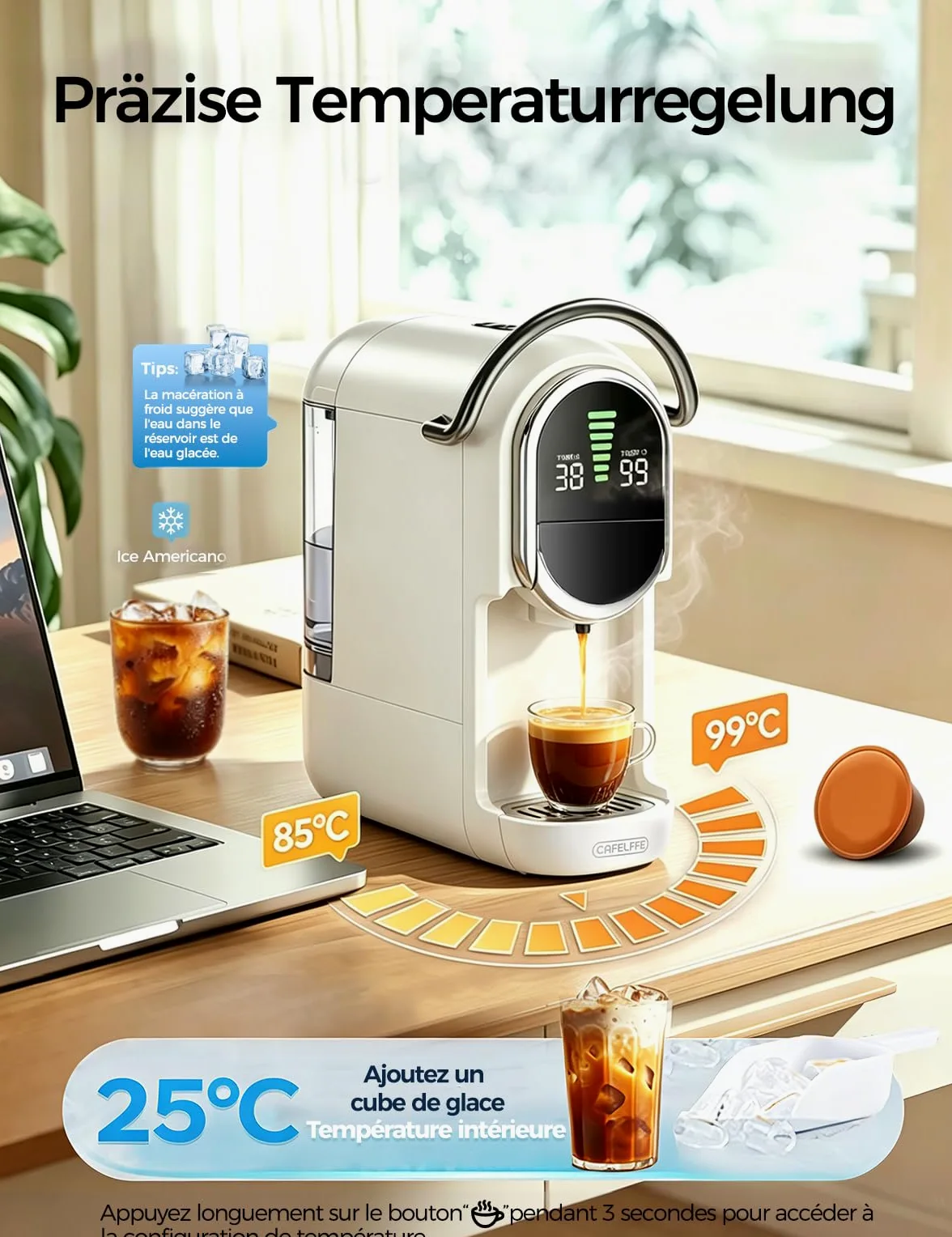 CAFELFFE Cafetera multicápsula 5 en 1 compatible con NS*/DG*/ESE*/A Modo Mio y Coffee Power, 20 bares, función de preparación fría y caliente, temperatura ajustable y 7 niveles de agua, color blanco