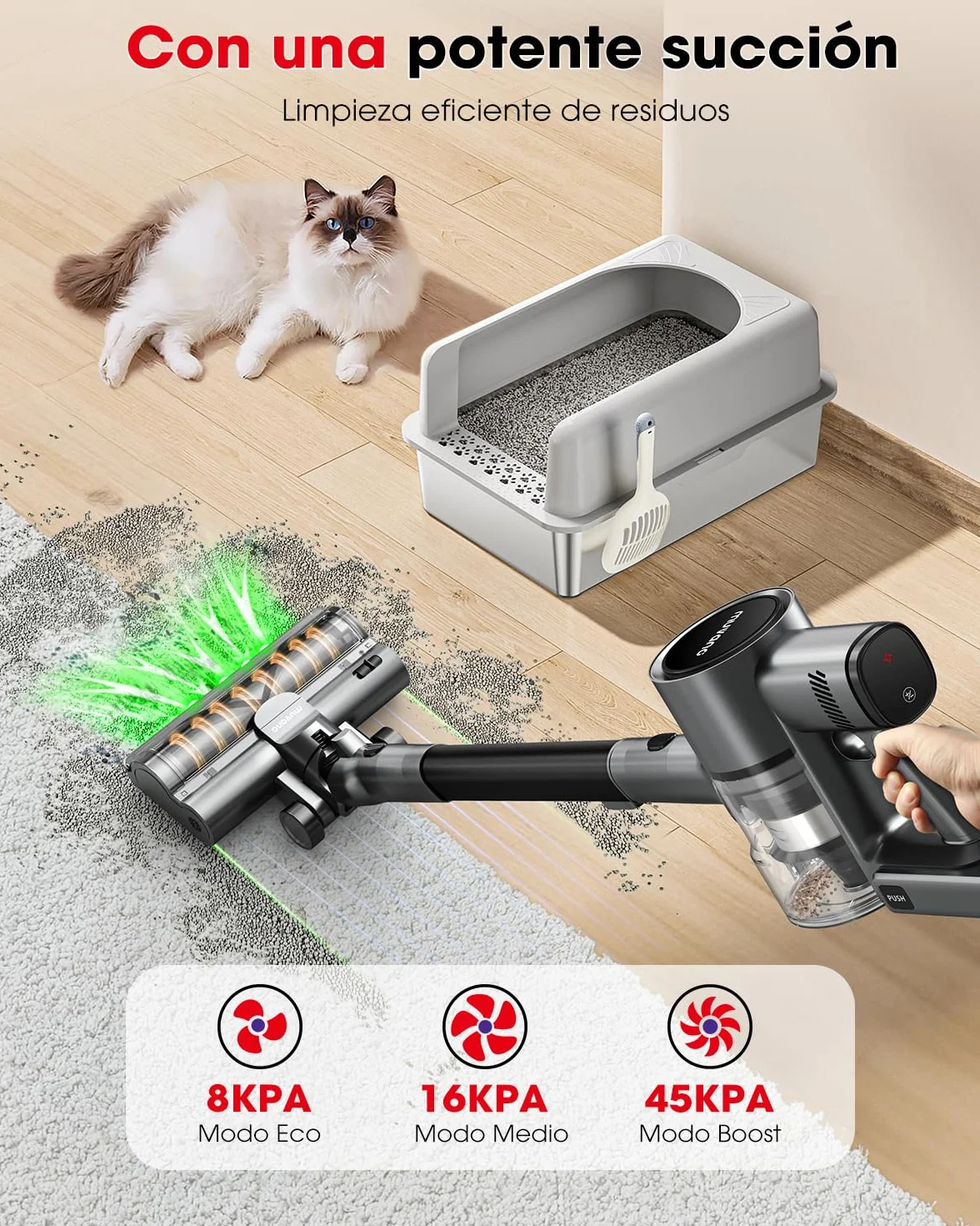 Aspiradora sin Cable Potente Succión de 45 kPa 500W Hasta 60 Minutos de Autonomía Resistente a Enredos Aspiradora Escoba Recargable con Soporte de pared para Pelo de Mascotas y Suelos de Madera