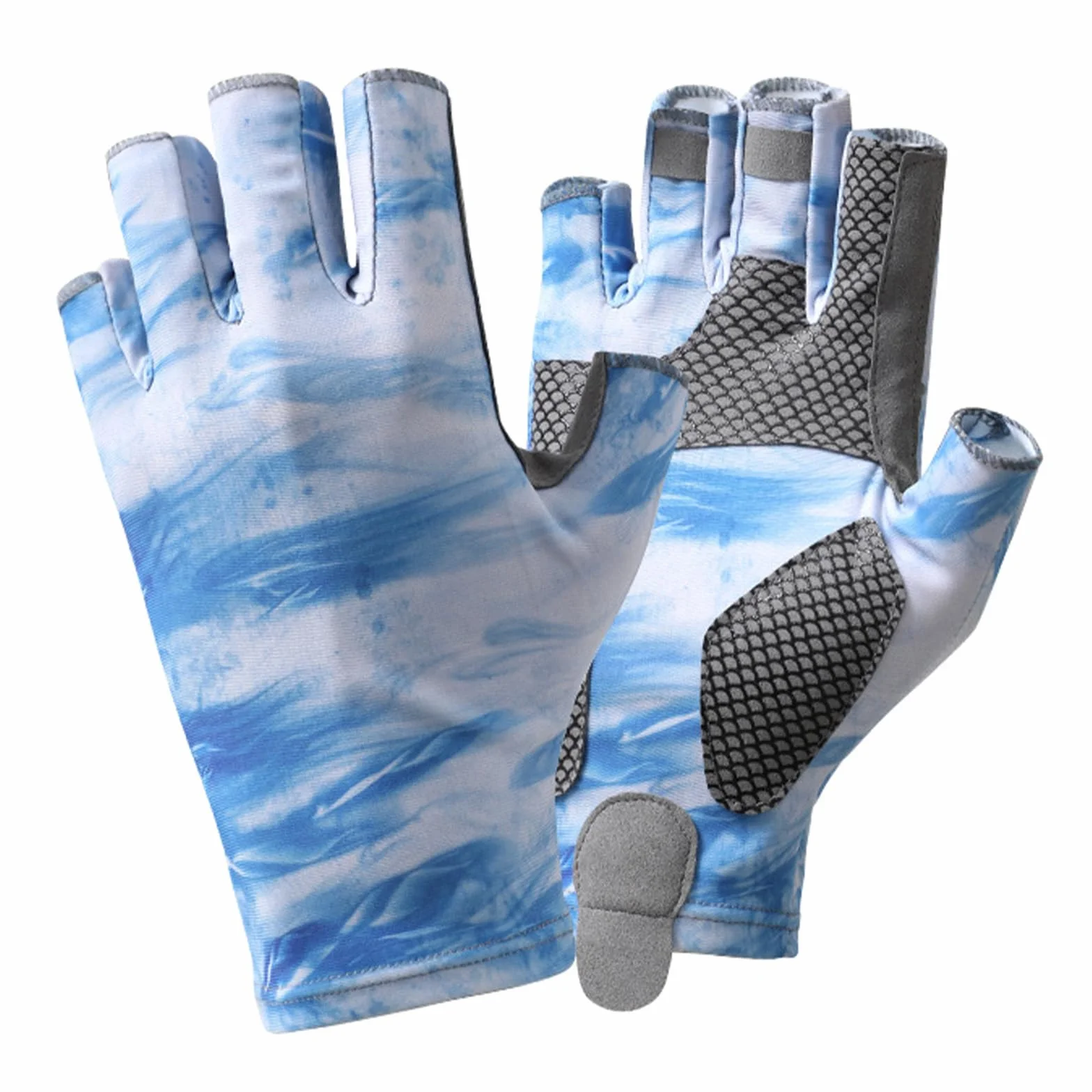 Guantes de Pesca sin Dedos Protección Solar Caza Camuflaje Antideslizantes Deportivos Ciclismo (Azul, XL)