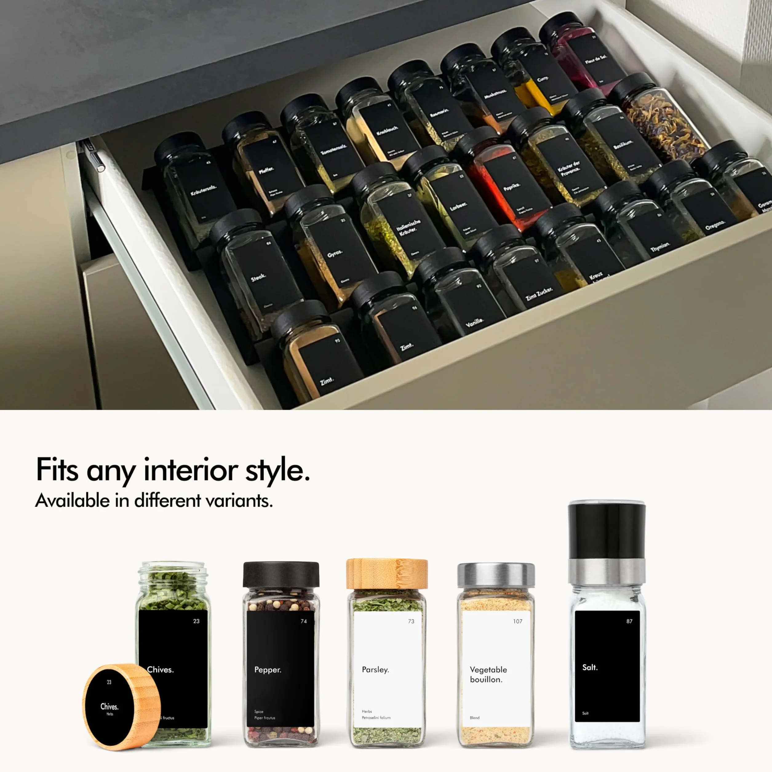 KIVY - Tarros herméticos cuadrados para especias (24 x 120 ml) con tapa de bambú negro (24 x 120 ml) + 240 etiquetas impermeables