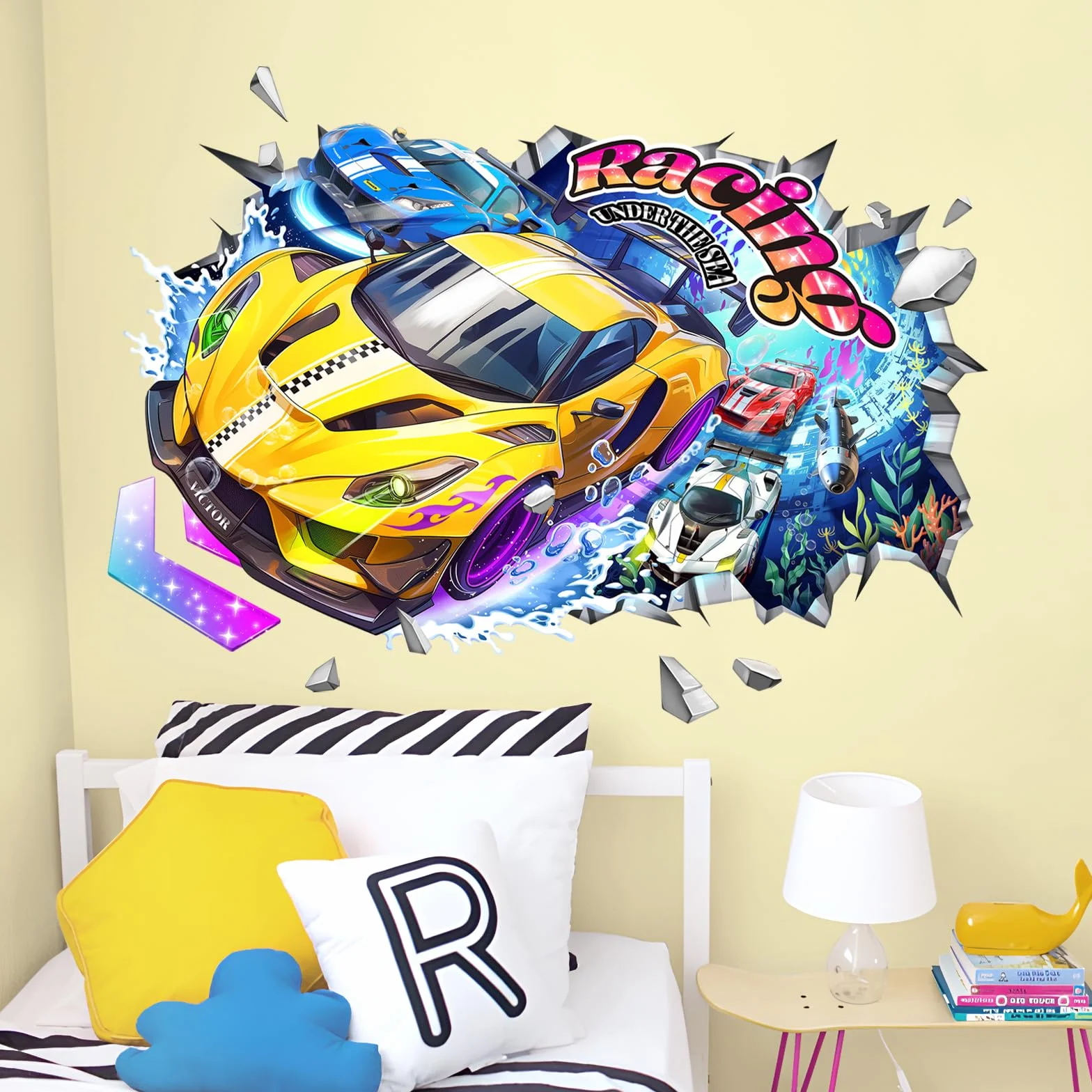 Tanlaby Pegatinas de Pared 3D Coches de Carreras Túnel Submarino Vinilos Decorativos Amarillo