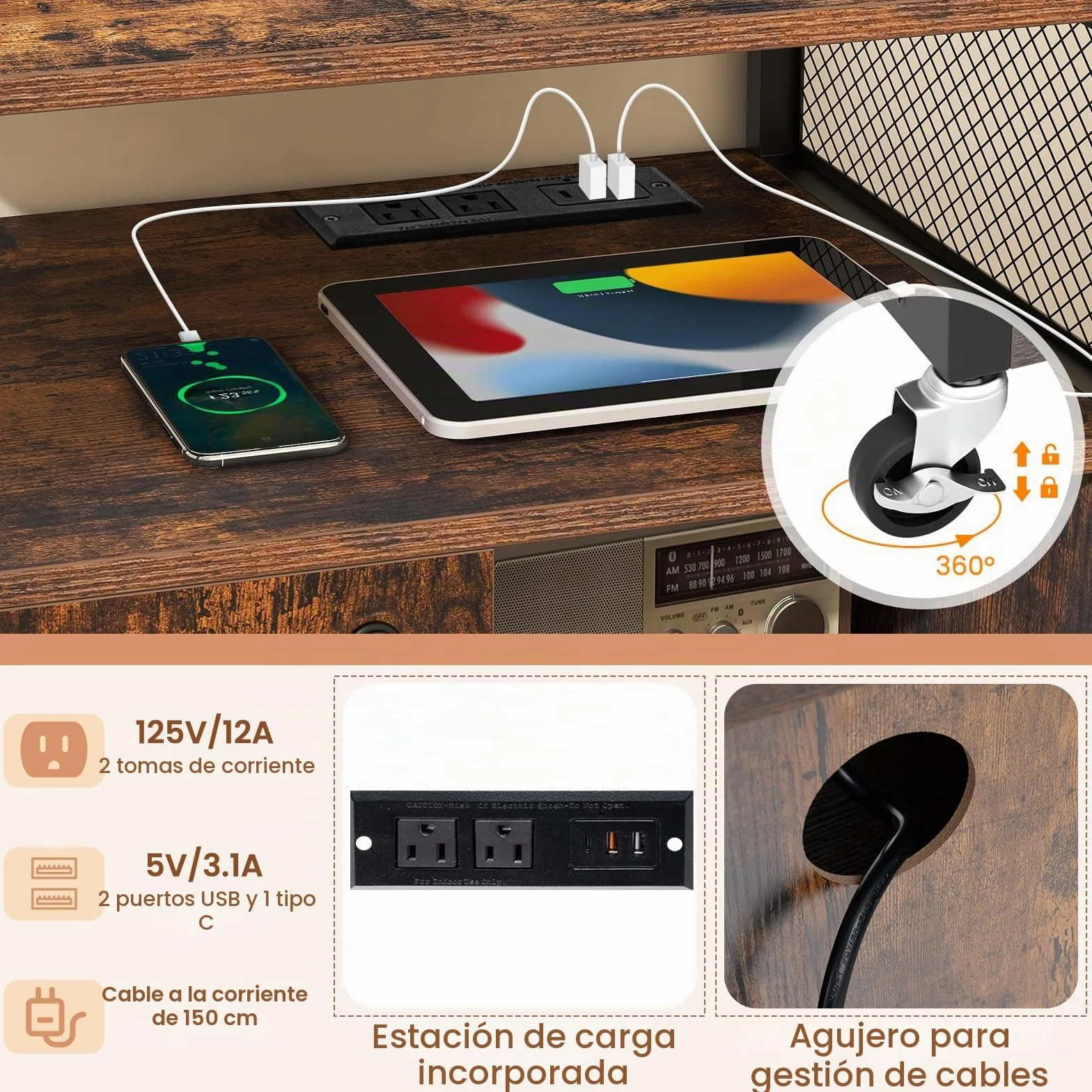 KOMFOTTEU Armario Archivador Móvil con Estación de Carga, Cajonera Escritorio con Ruedas, Mueble Auxiliar con Estantes Abiertos y Armario con Puerta, Soporte para Impresora para Oficina (Marrón)
