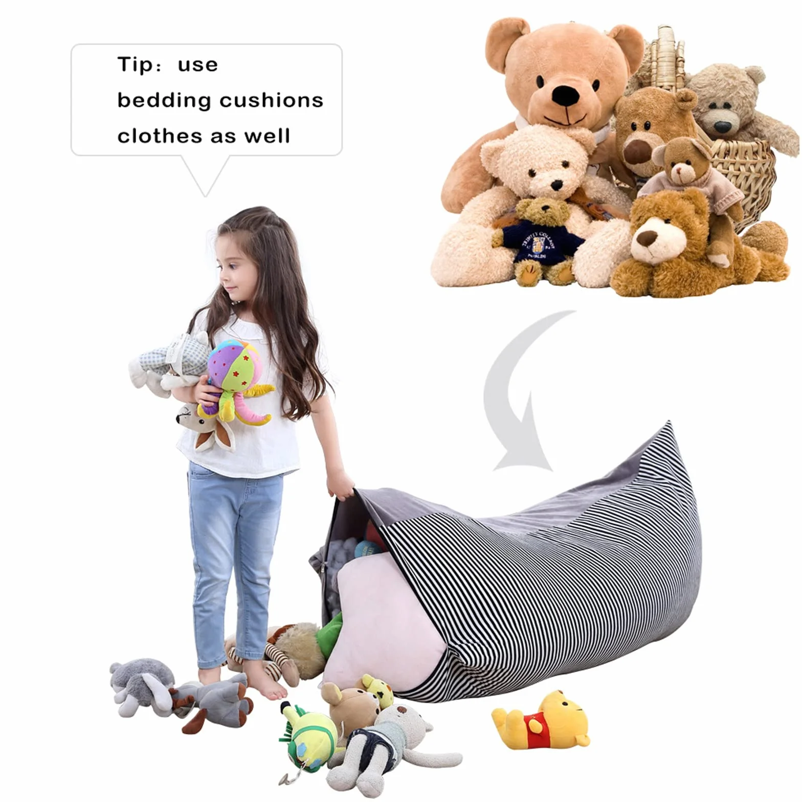 Bolsas de Frijoles de Almacenamiento de Juguetes de Peluche, Silla Plegable Suave, Cubierta de Asiento de sofá para niños, niños de Gran Capacidad Gris