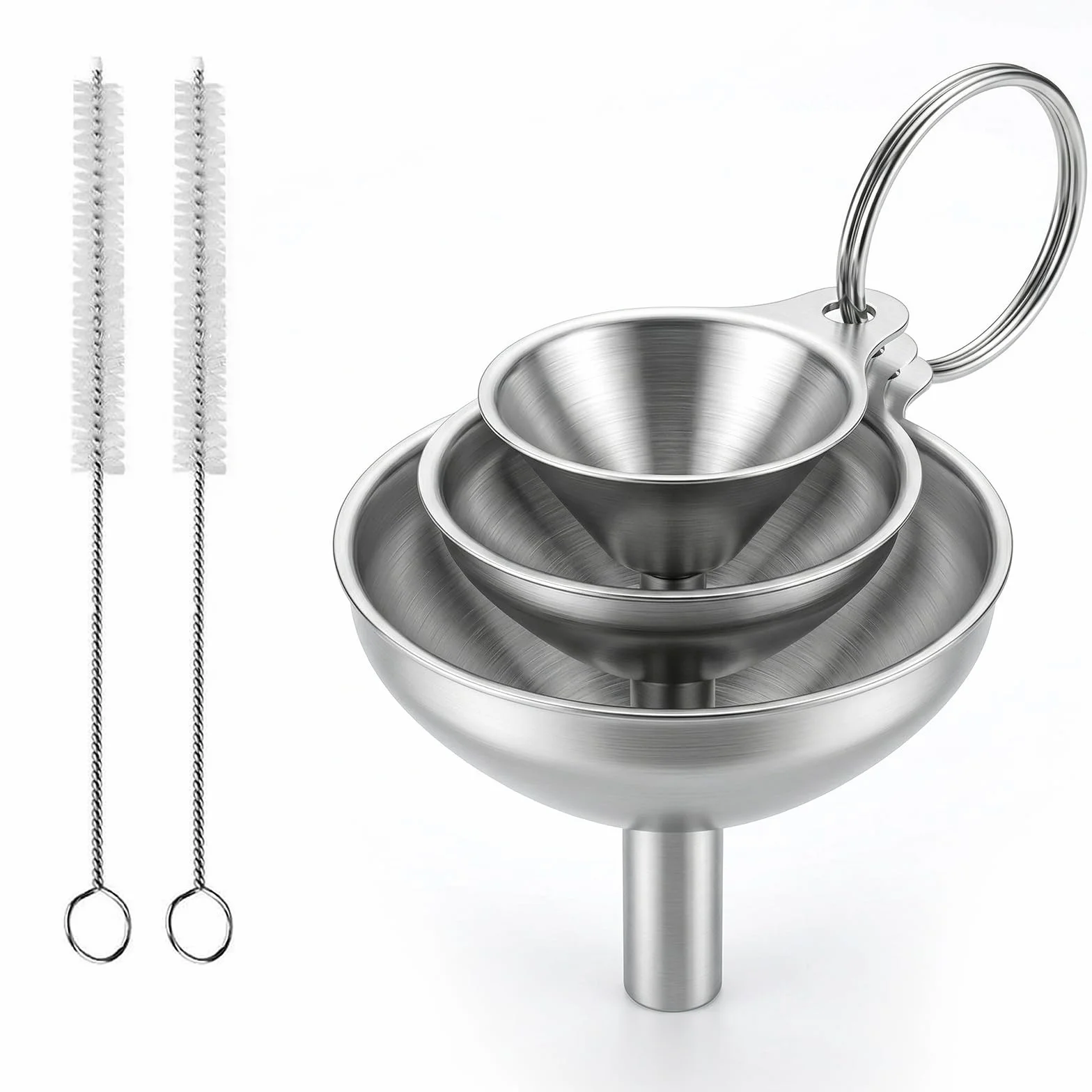 3 Embudos de Acero Inoxidable, Mini Embudos de Cocina con 2 Cepillos de Limpieza, Embudos Pequeños de Cocina con Asa, Embudos de Acero Inoxidable para Líquidos y Polvos