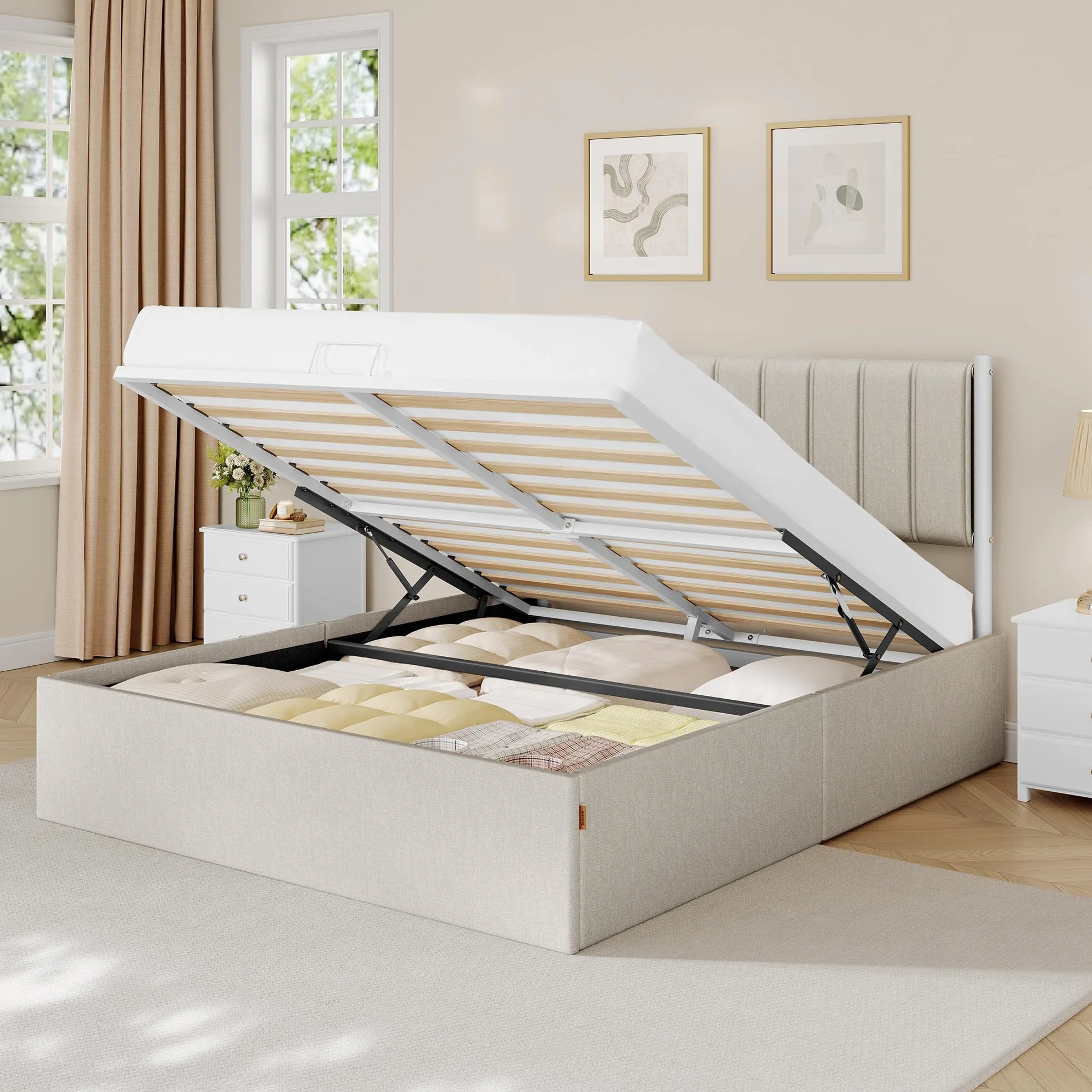 VASAGLE Estructura de Cama, 160 x 200 cm, Cama Elevable, 2 Personas, con Almacenaje, Cabecero, Sistema Hidráulico, Moderno y Minimalista, Fácil Montaje, Beige Capuchino RMB615LH01