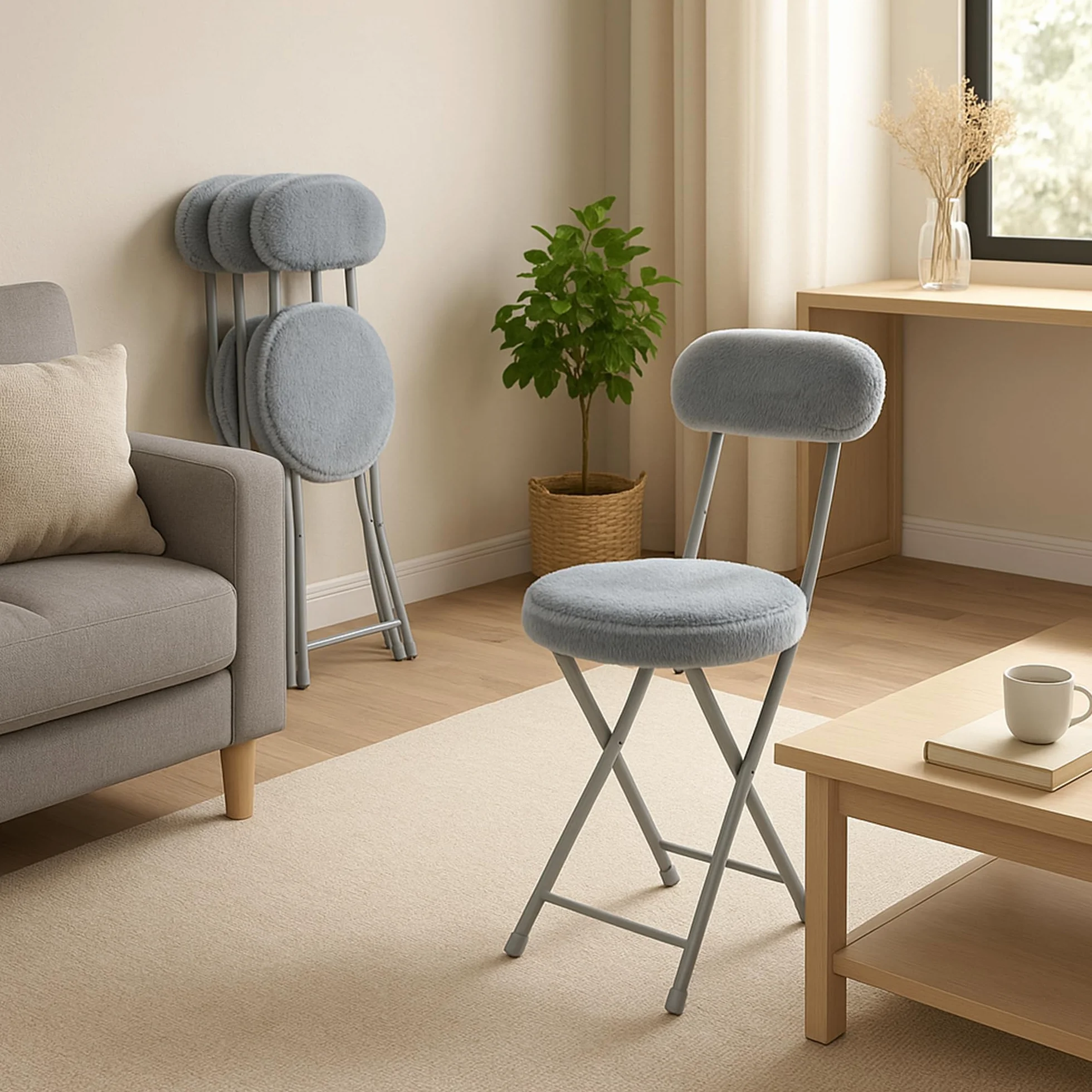 MEUBLE Cosy Juego de 4 Sillas Plegable Taburete con Respaldo y Reposapiés Tapizados de Piel, Estructura de Metal, Gris