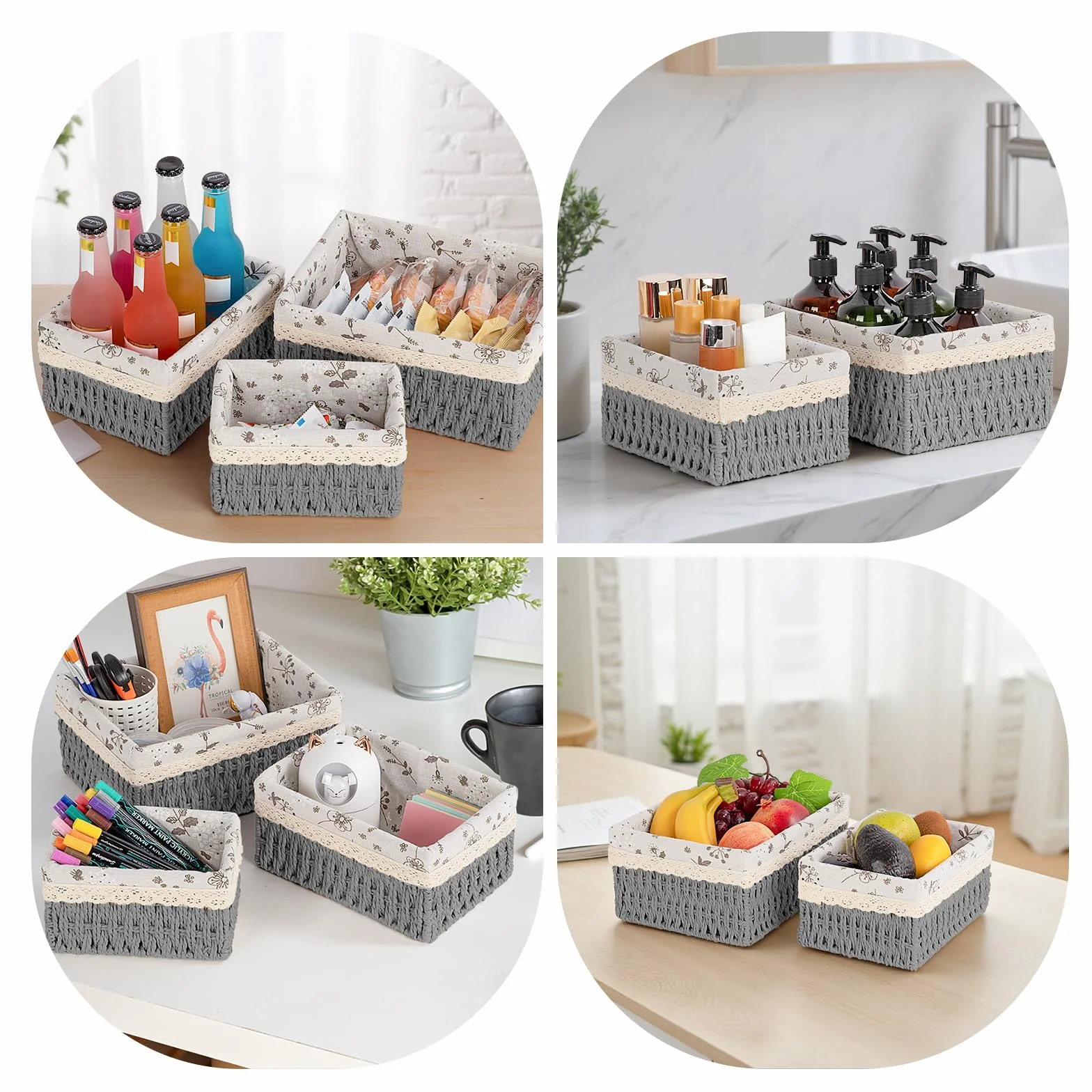 Cestas Almacenaje Juego de 3 Mimbre Trenzado Tejido Reciclable para Baño Cocina Hogar (Gris)