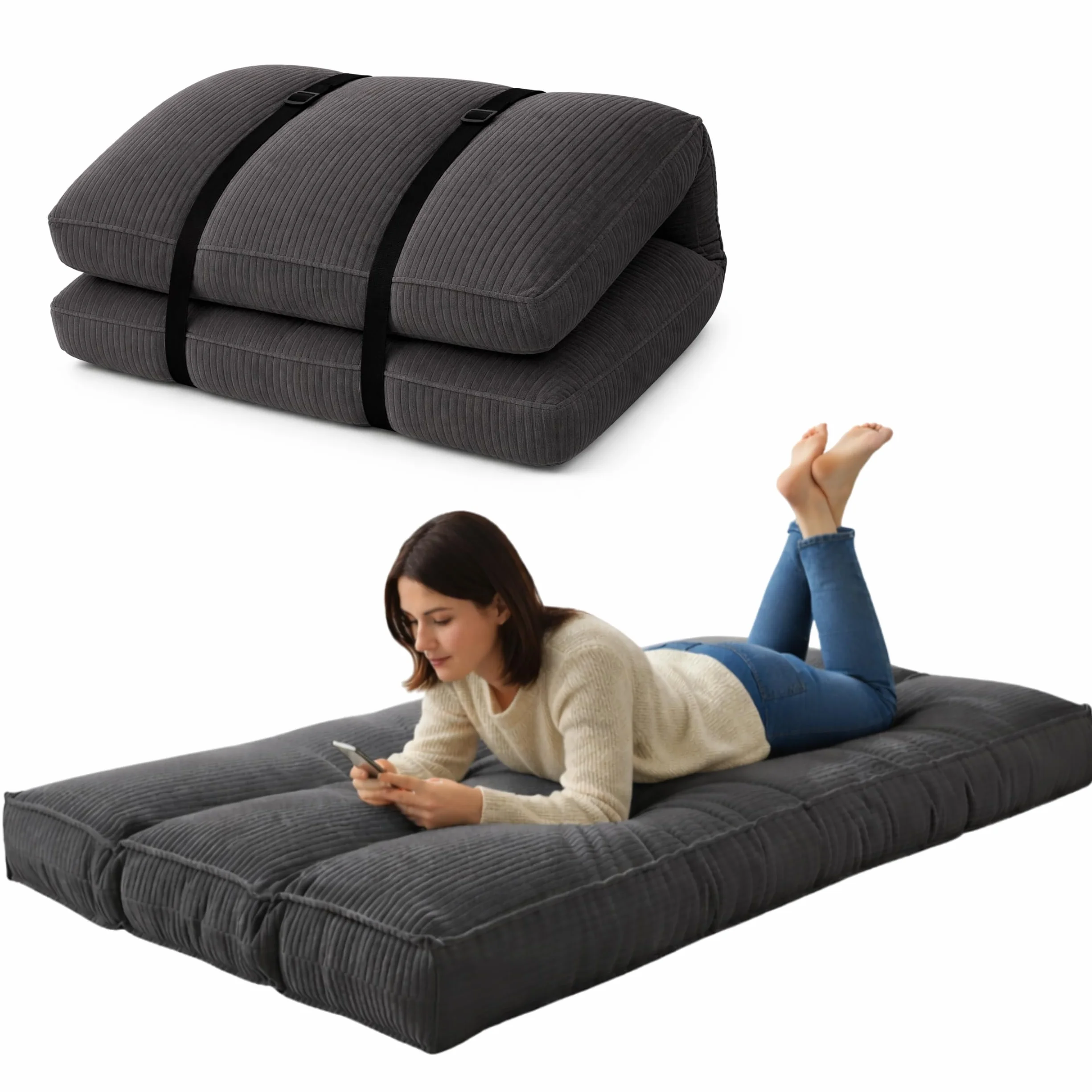 bananair - Futón Japonés Enrollable 1 Persona, Grueso y Cómodo, Fabricado en Francia, Funda Lavable, Cama Plegable de Suelo Práctica – Colchón Plegable, Correa Incluida (90 × 190 cm, Gris Oscuro)