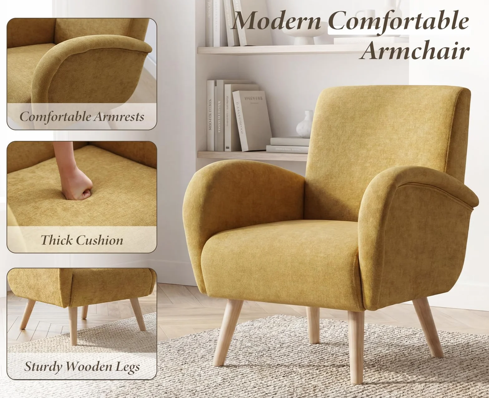 Ya-Home Sillon Individual Moderno Butaca de Salón Tapizado en Chenilla,Silla Relax con Reposabrazos Minimalista Silla de Ocio con Patas Maderas para Dormitorio/Habitación,Amarillo