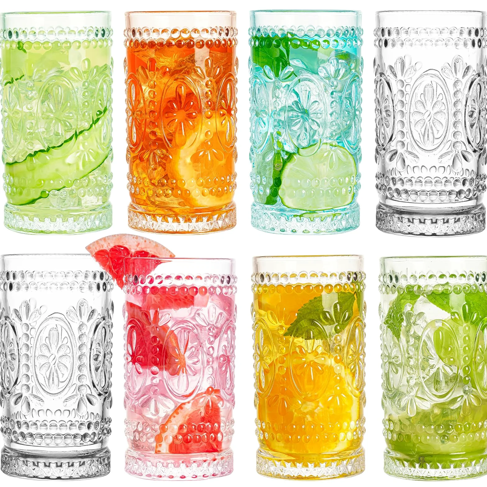 Vasos vintage para beber, 8 vasos de vidrio románticos, vasos altos de 15 onzas, vasos altos de agua, tazas de mojito, vaso de cóctel, juego de cristalería vintage para agua, jugo, cóctel