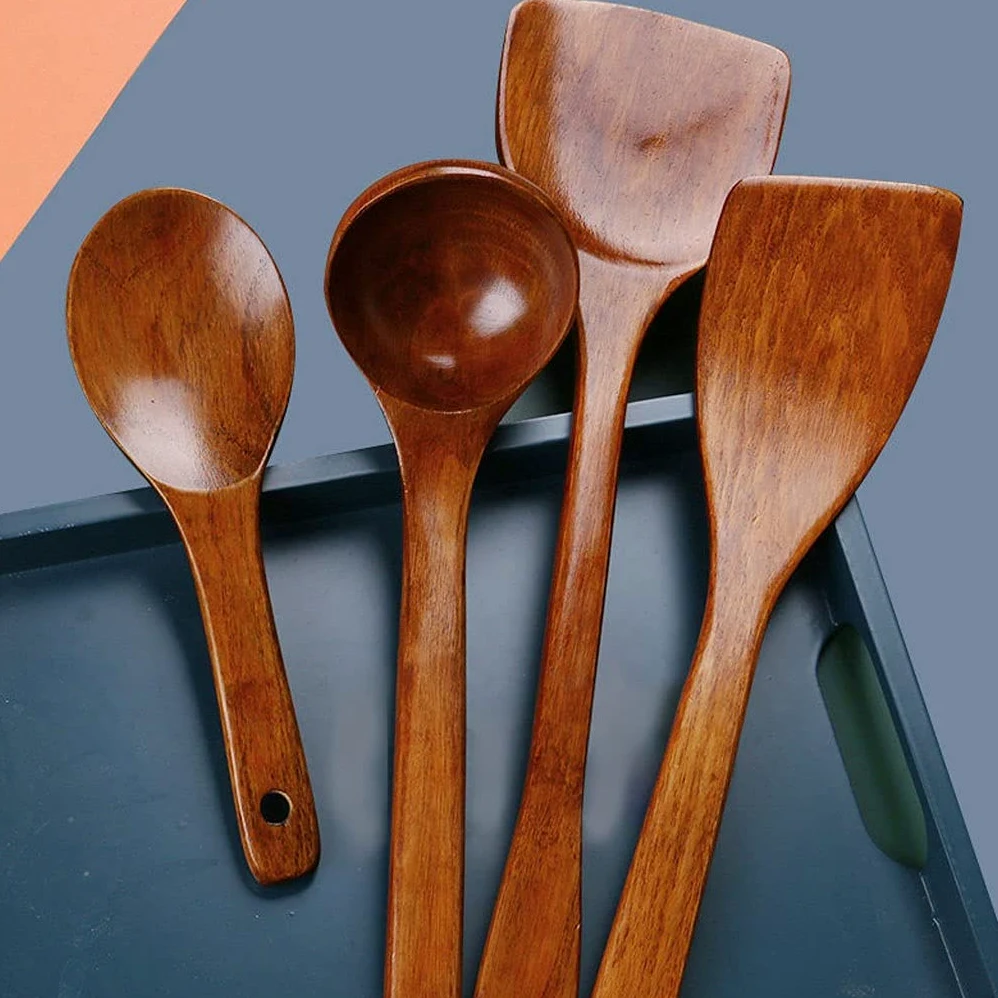 Juego de cucharas de cocina de madera, tenedores y cucharas de ensalada de mango largo, herramientas de cocina antiadherentes para cocinar y servir, usos ecológicos para chefs caseros