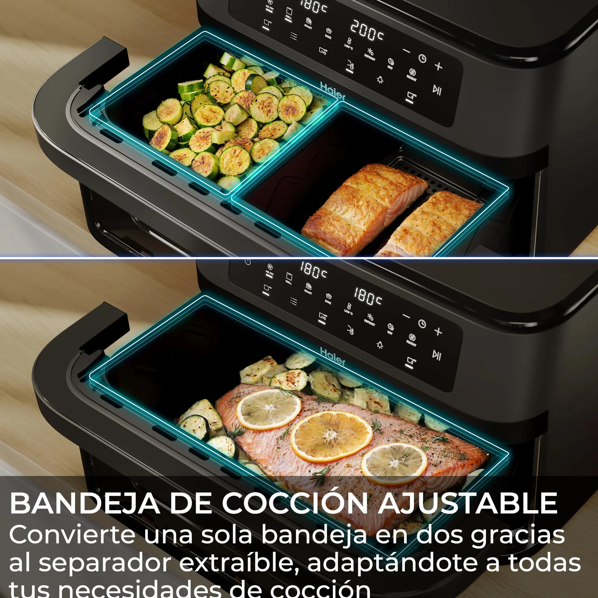 Haier Freidora de Aire Flexi | 11L con Divisor y Ventana | 8 Funciones, Divisor para 1 o 2 Zonas, Función Sync, Alerta de Agitado, Antiadherente, Lavavajillas