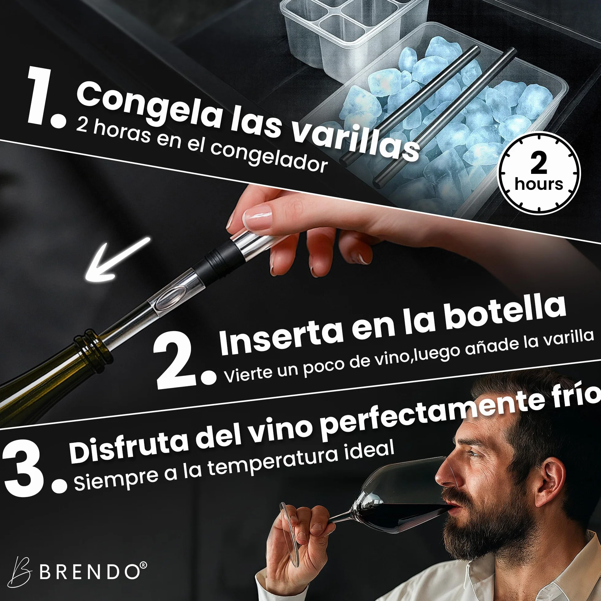 Brendo Enfriador de Botellas de Vino 4 en 1 – Varillas Enfriadoras de Acero Inoxidable en 2 Longitudes + Vertedor + Decantador + Tapón | Set de Regalo para Hombres y Mujeres | Accesorios para Vino