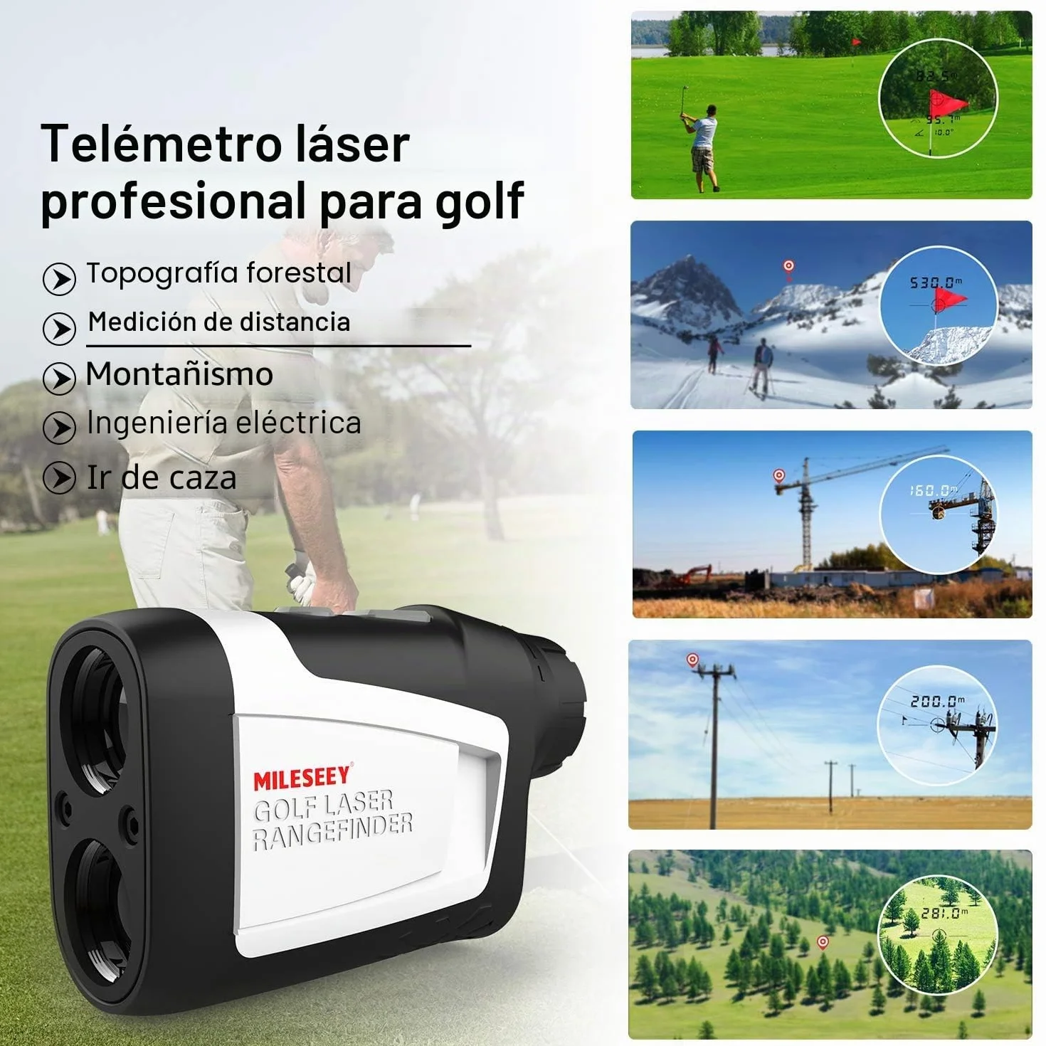 MiLESEEY Telémetro Láser de Golf 1000M, Precisión ±0,5M, Slope On/Off, Bloqueo de Bandera, Vibración, Aumento 6X