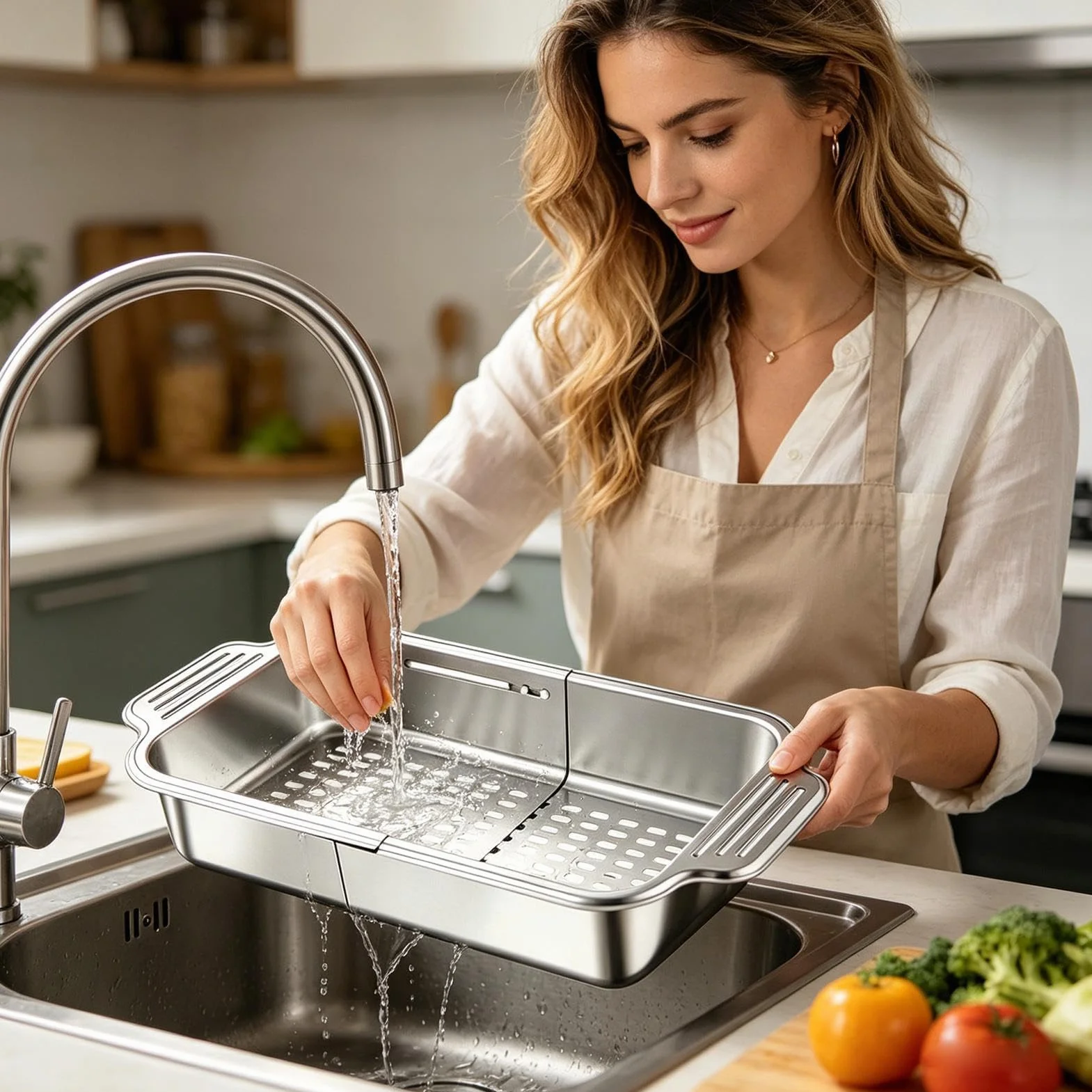 Escurridor Expandible Sobre El Fregadero Colador Telescópico Filtrante | Escurridor De Cocina Para Lavar para Verduras, Frutas, Pasta, Utensilios, Menaje, Cocina, Hogar, Apartamento, Restaurante