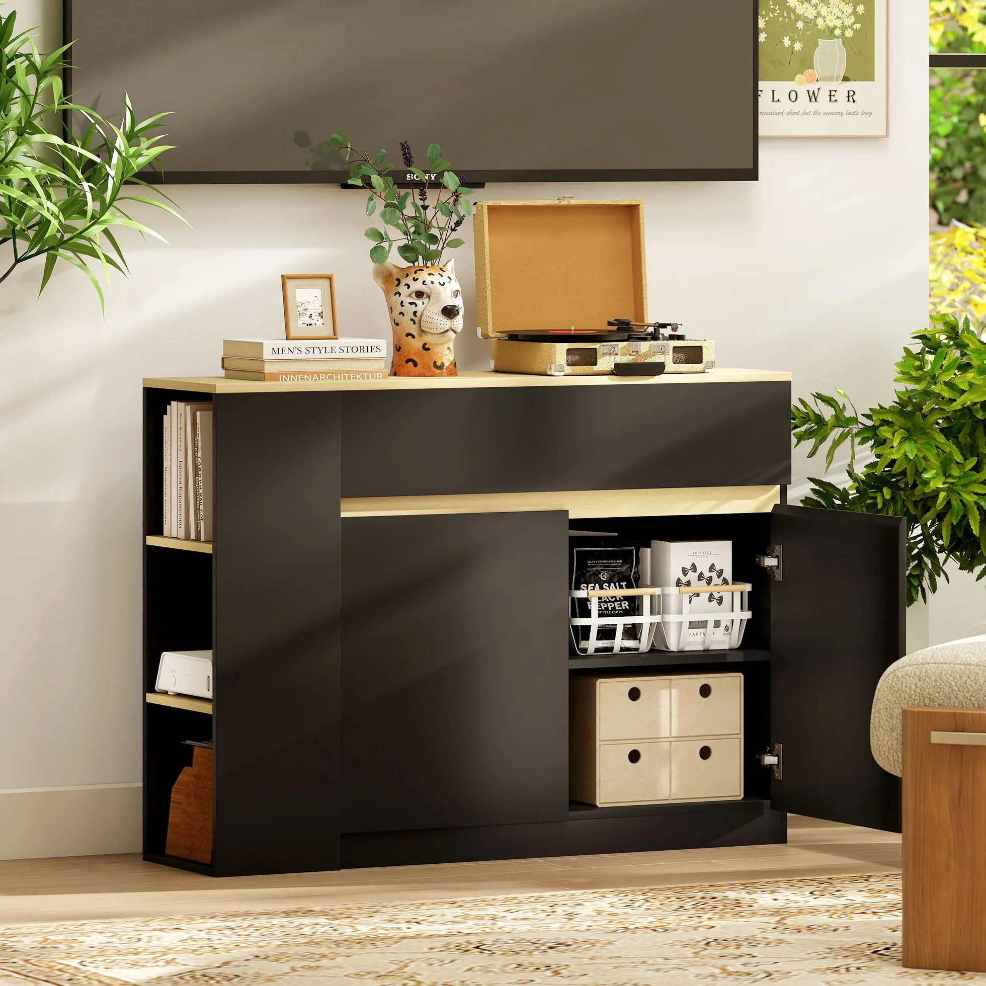 HOMCOM Aparador de Cocina, Armario de Cocina Estrech con 2 Cajones, 3 Estantes Abiertos, 2 Puertas, Estante Ajustable, Aparador Nórdico para Comedor, 110x29,5x82 cm, Negro
