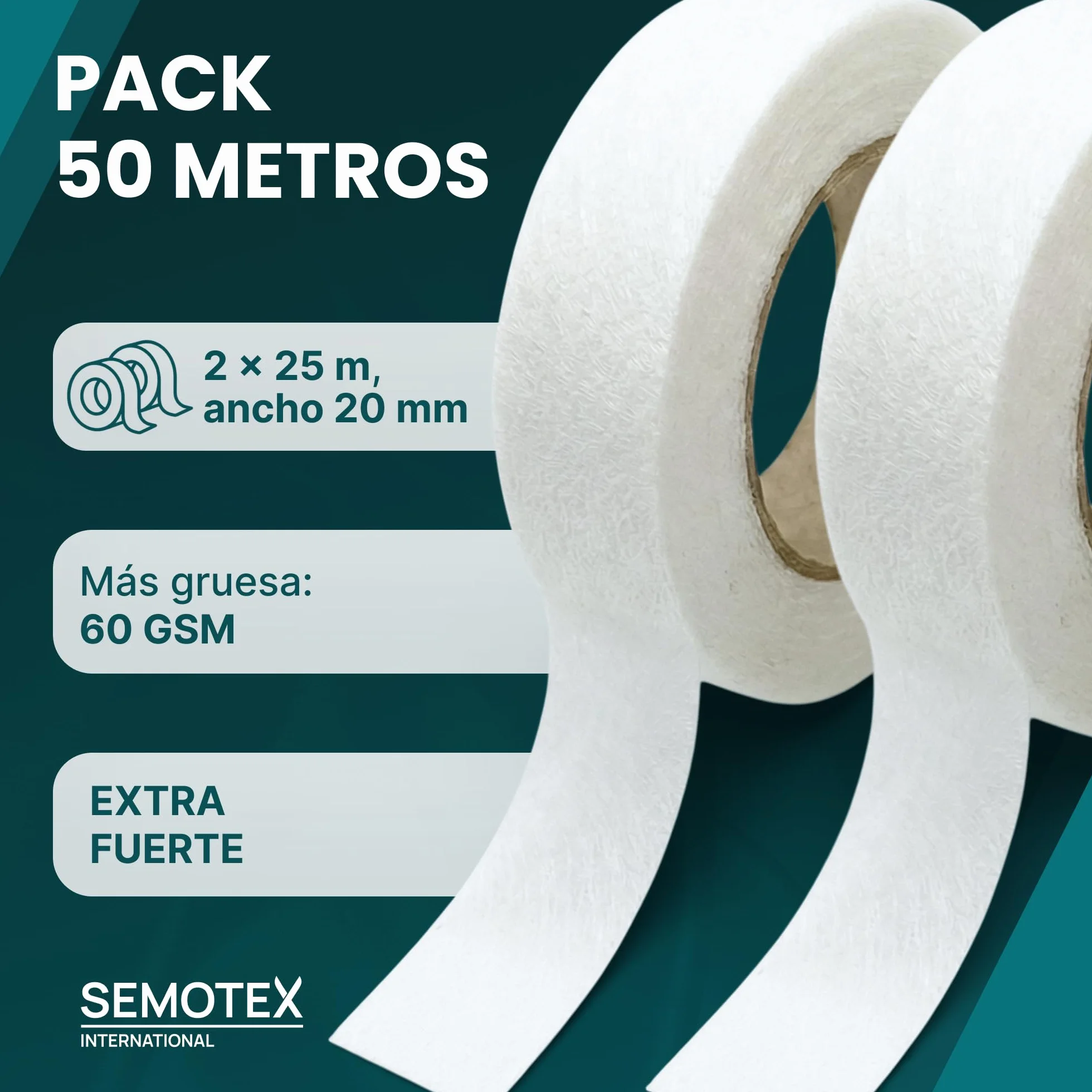 Cinta Termoadhesiva para Dobladillos EXTRA FUERTE - 50 Metros x 20 mm - Cinta Adhesiva Dobladillos. Cinta para Cortinas, Bajo Pantalón, Vestidos, Vaqueros - 20 milímetros ancho
