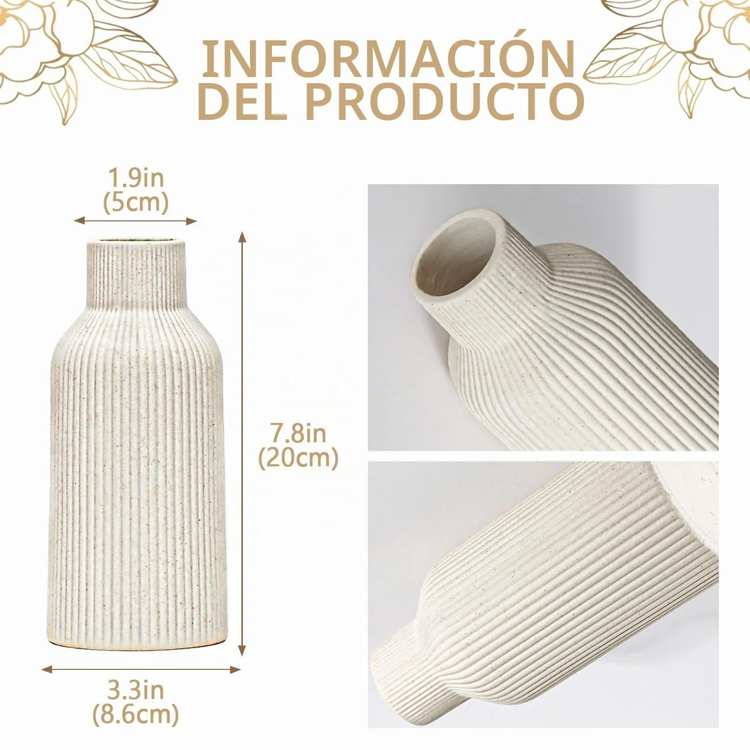 Jarrón para Hierba de Las Pampas, 20 cm, Cerámica Negro Mate, Redondo, Diseño Moderno, Bohemio para Decoración, Flores, Salón, Dormitorio (Beige)