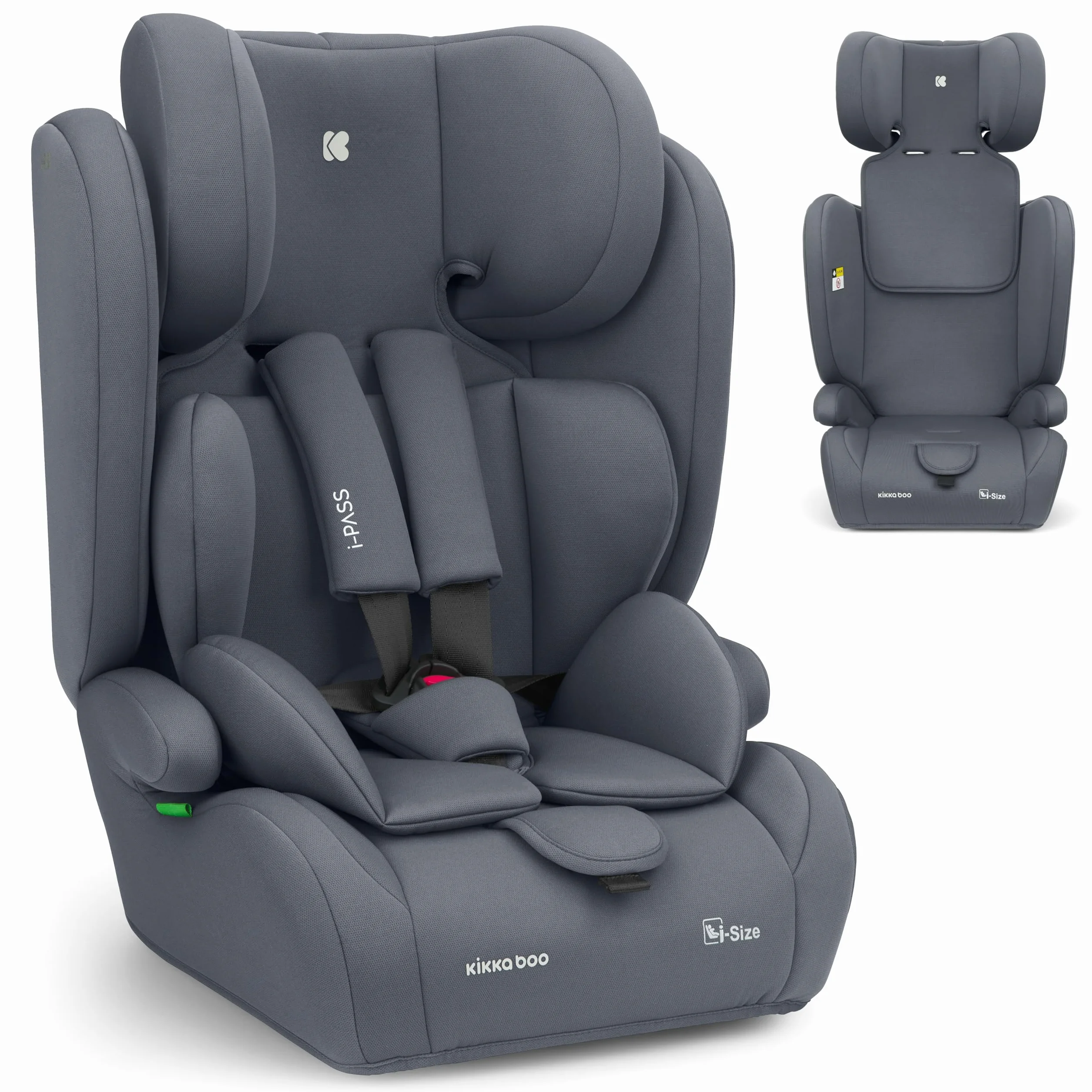 KikkaBoo Silla de Coche Grupo 1 2 3 i-PASS 9-36 kg 76-150cm Reposacabezas 13 Posiciones Gris