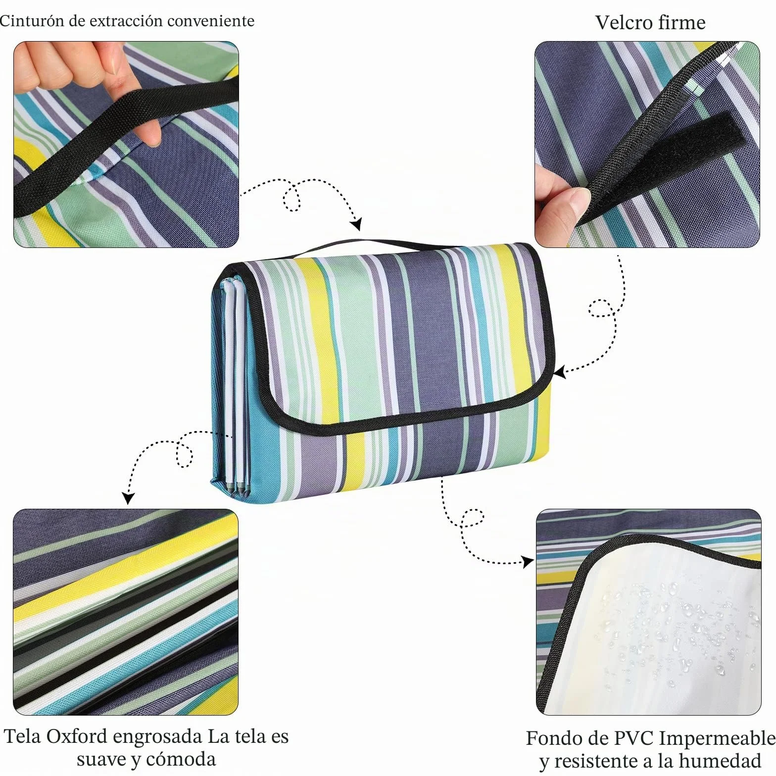 Manta para picnic impermeable 200x200 cm a rayas azules verticales con asa