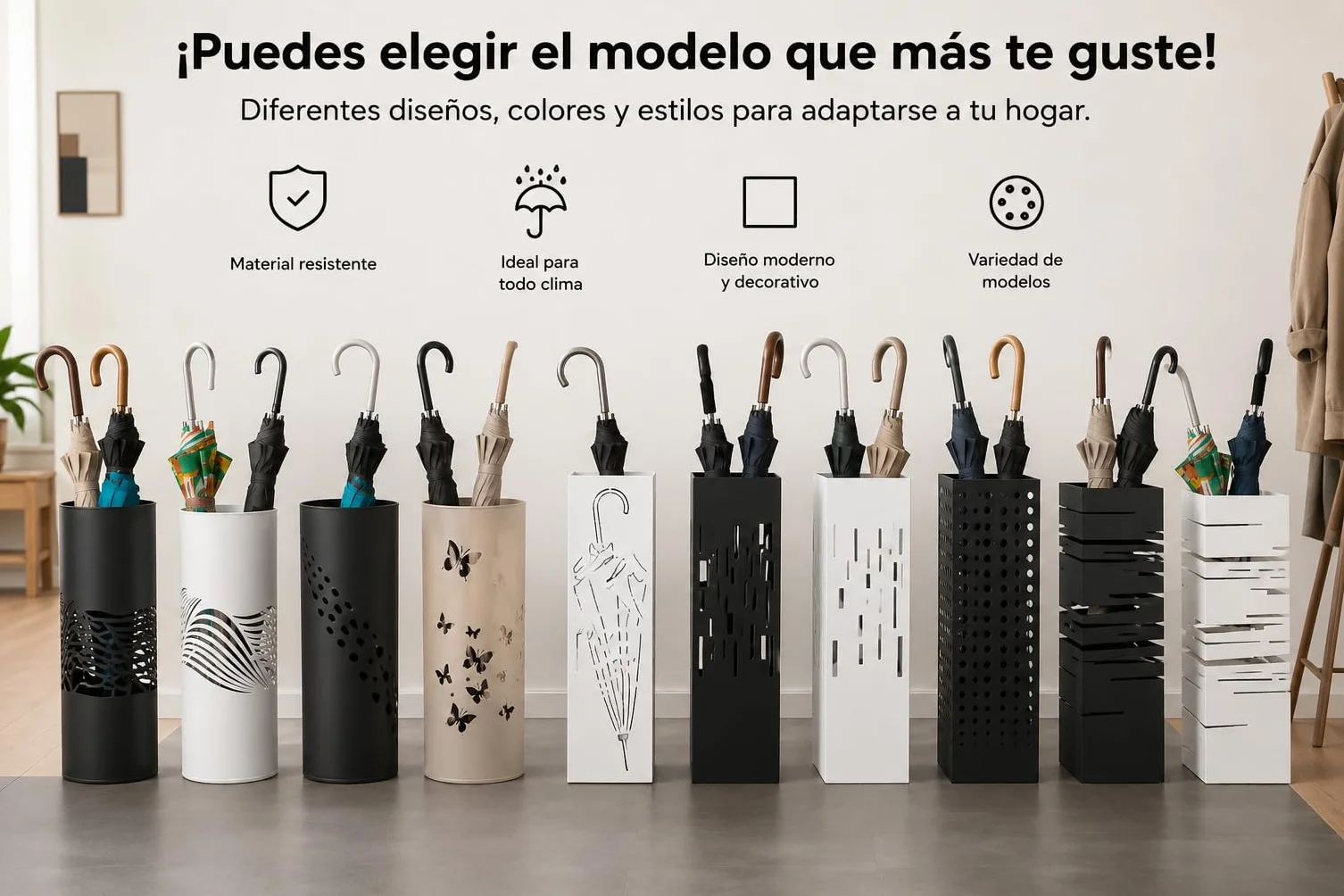 NORDIQ Paraguero Metálico Diseño Lineal Beige Elegante y Funcional para Entrada Oficina