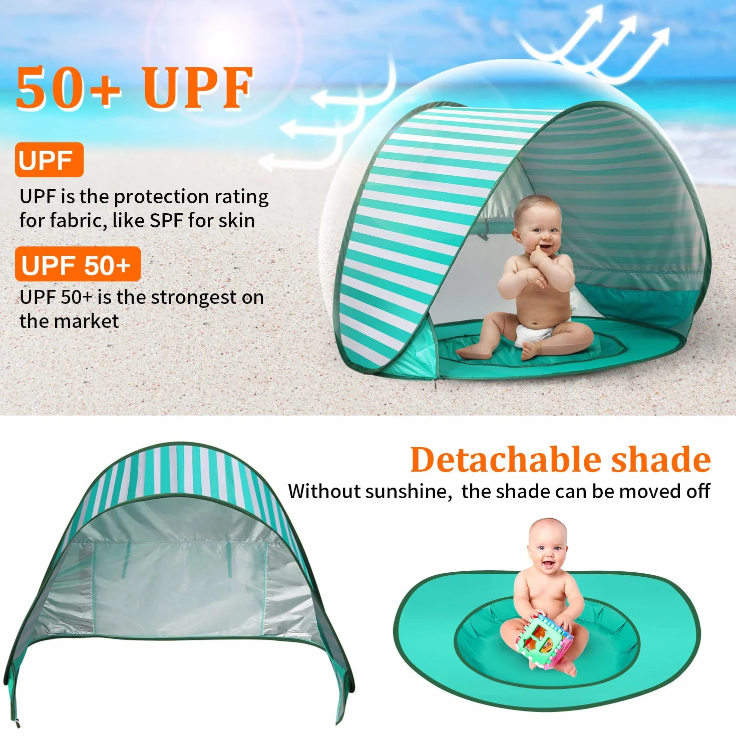 Tienda de Playa Bebé Pop-up con Piscina, Protección UV 50+, Carpa Plegable 120x80x70 cm