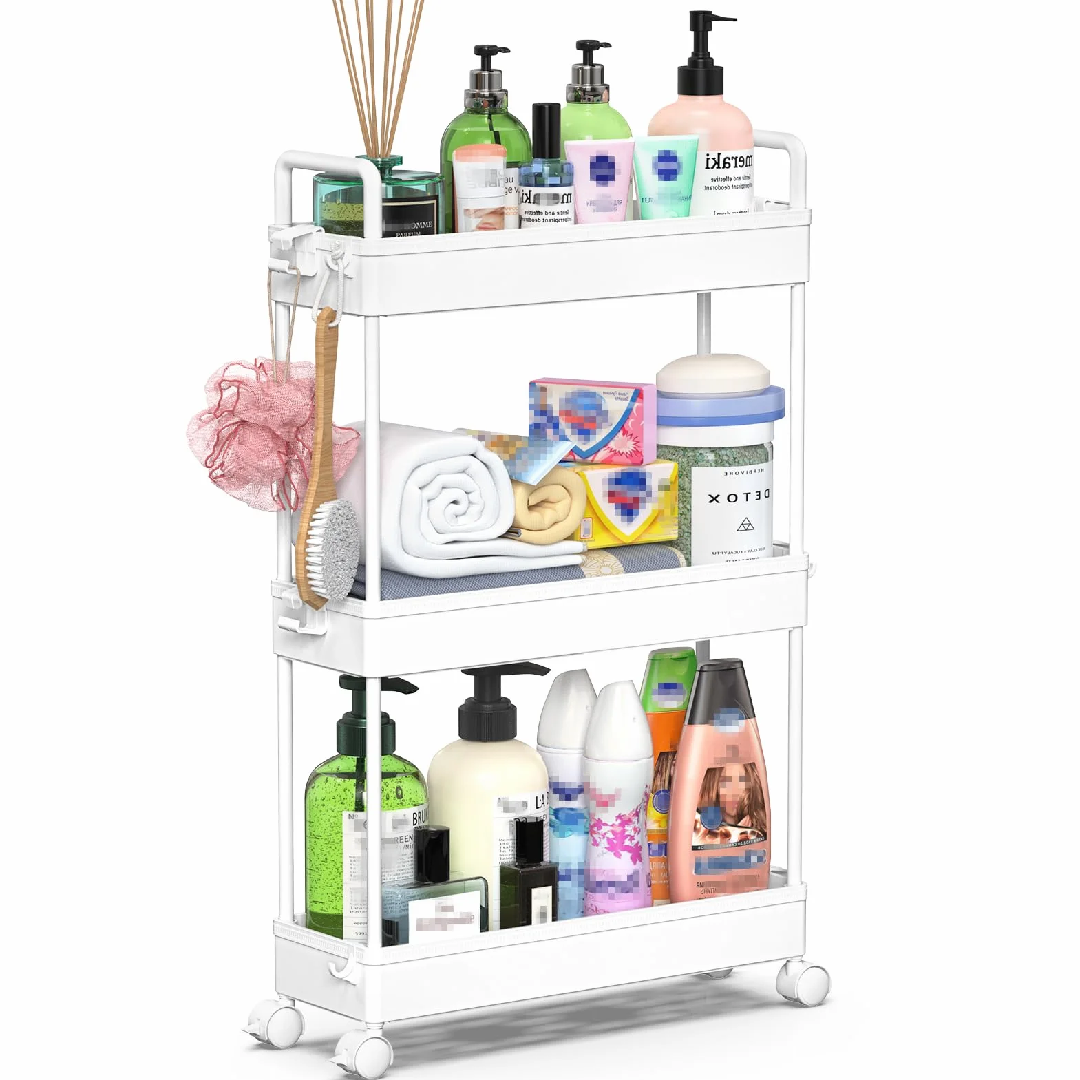SOLEJAZZ Carro de Almacenamiento de 3 Niveles, Deslizante, Delgado, utilitario, Organizador de estantes de Almacenamiento móvil para Cocina, baño, lavandería, Lugares Estrechos, plástico, Blanco