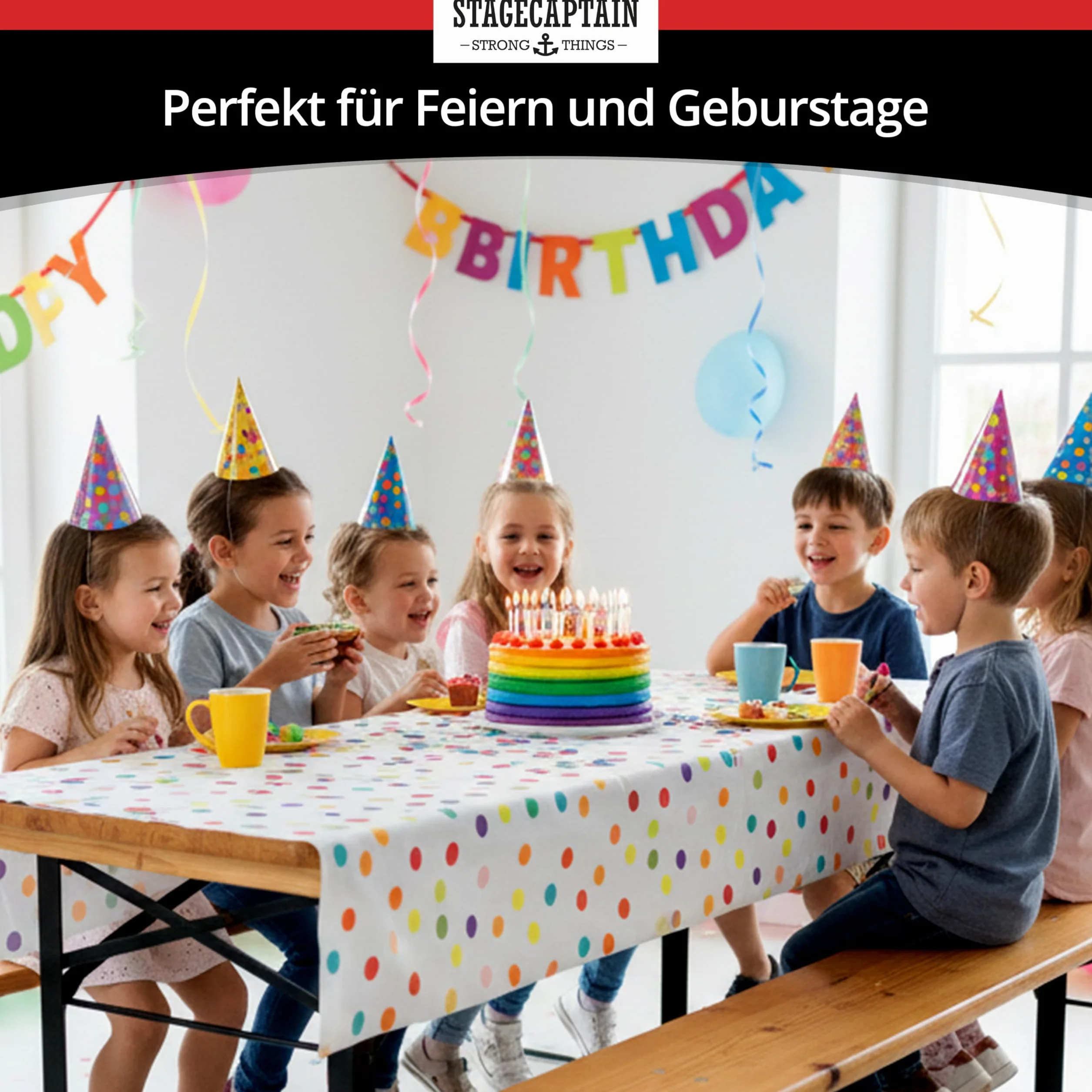 Stagecaptain BBK-110 Hirschgarten - Conjunto Infantil Plegable 110 cm: 1 Mesa + 2 Bancos de Madera, Festivo, Interior/Exterior, Acabado Natural