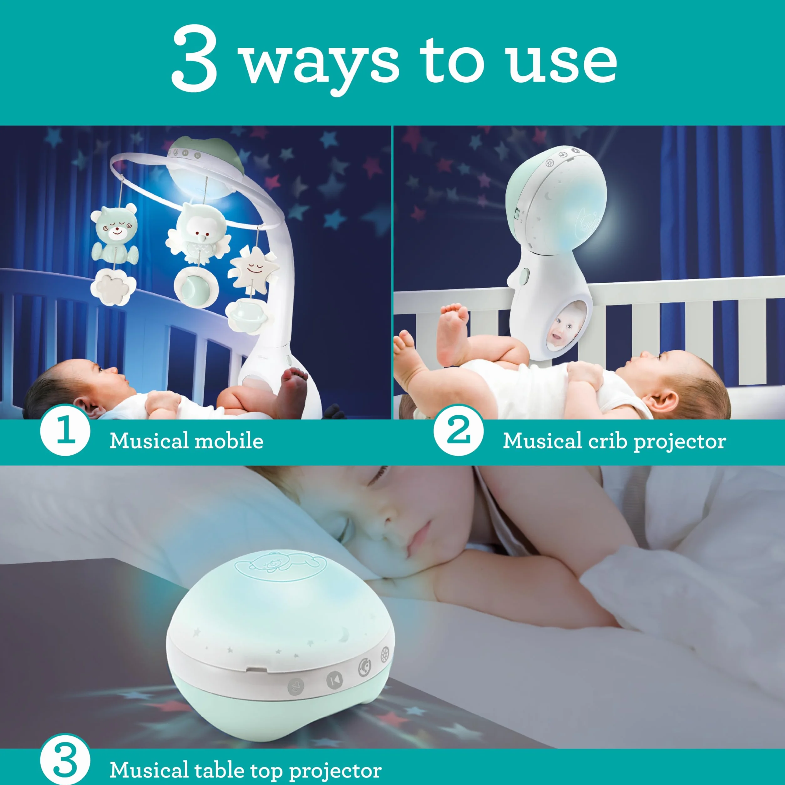 Infantino Proyector Musical Móvil 3-en-1 Convertible, Luz Nocturna y Proyector Infantil para Cuna, 6 Melodías & 4 Sonidos de la Naturaleza, Salvia