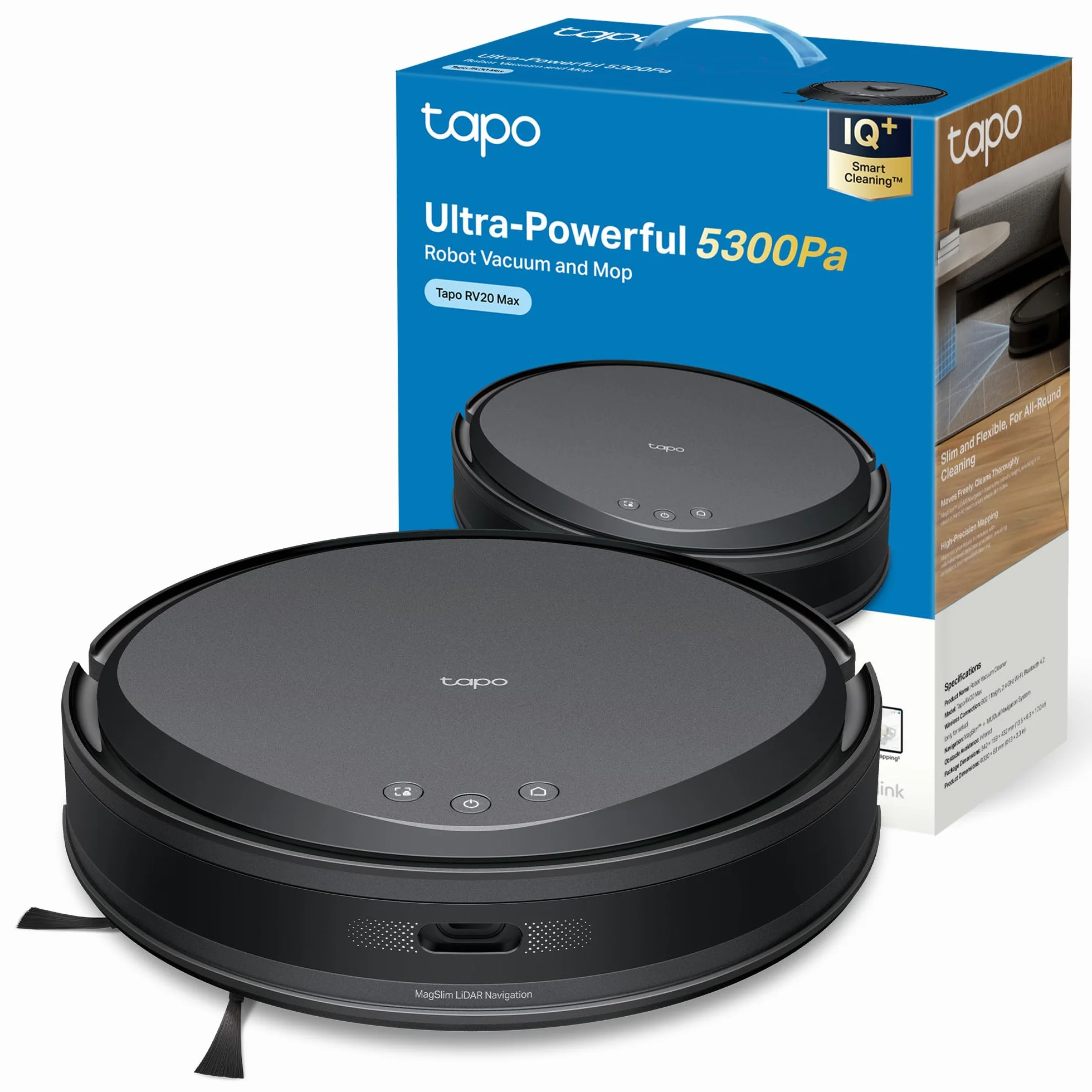Tapo RV20 MAX – Robot Aspirador y Friegasuelos 4 en 1, Ultrasucción 5300Pa, Navegación LiDAR MagSlim, Limpieza Inteligente IQ+, Diseño Ultrafino 83mm, Limpieza Personalizable con App, Alexa y Google