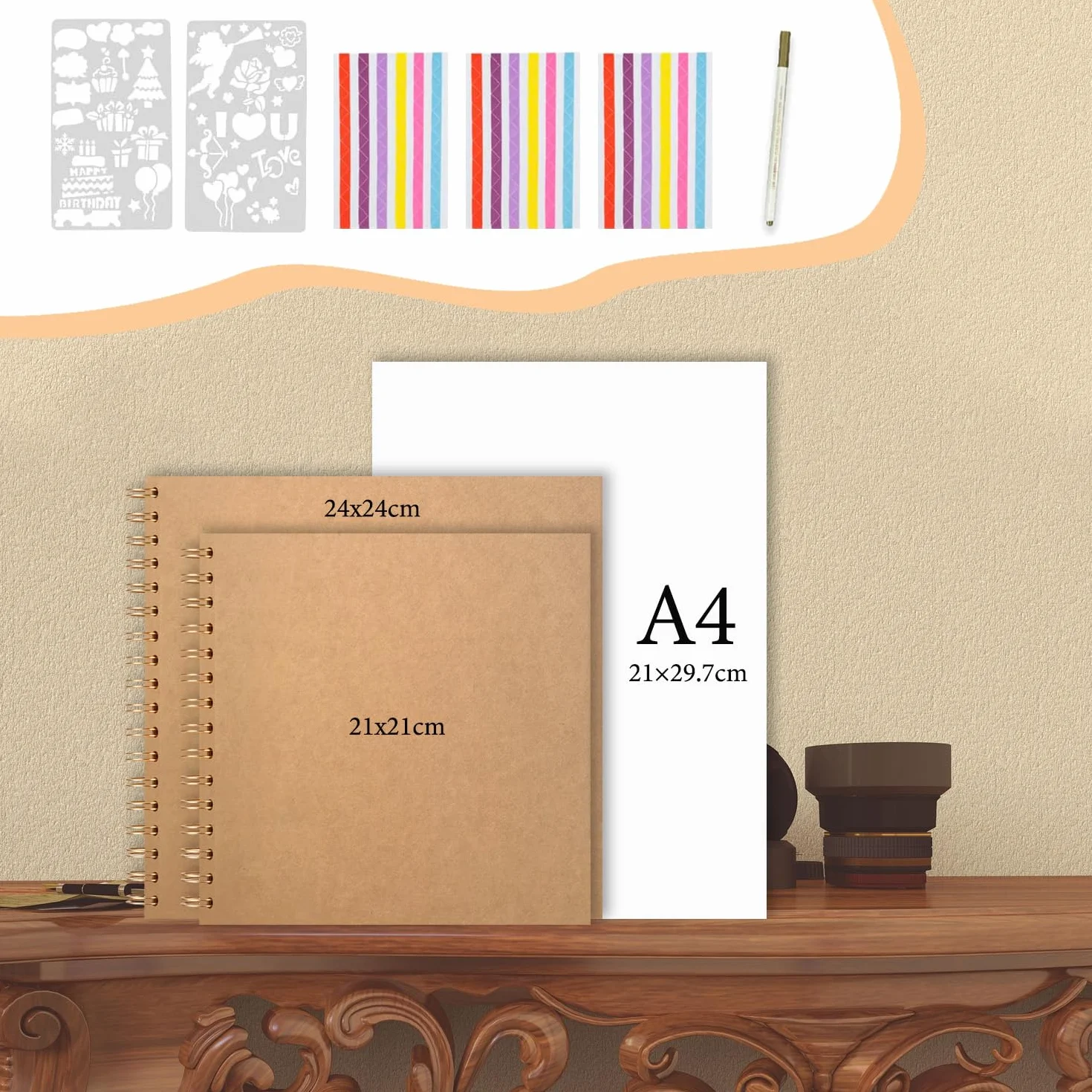 Album de Fotos en Espiral 21x21cm, DIY Scrapbook Álbum para Pegar y Escribir 40 Páginas, Regalos de Boda Aniversario Cumpleanos, Regalo Para Bebés Amigos Parejas (Caqui)