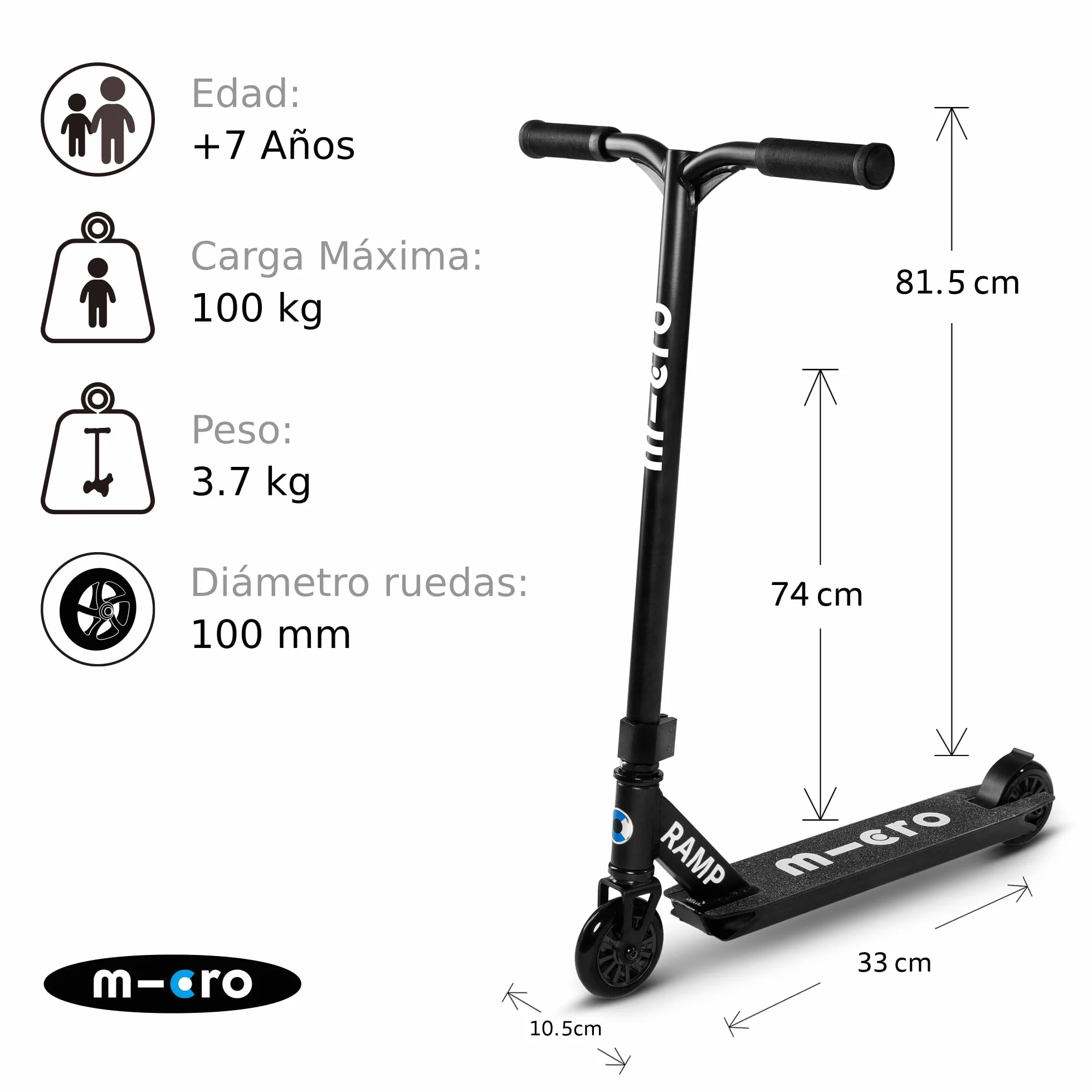 Micro® MX Ramp Scooter Freestyle | Patinete Stunt Pro para Skate Park | Barra T de Acero Reforzado | Deck Cóncavo de Aluminio 10,5x33 cm | Ruedas 100 mm Core Metálico | 3,7 kg
