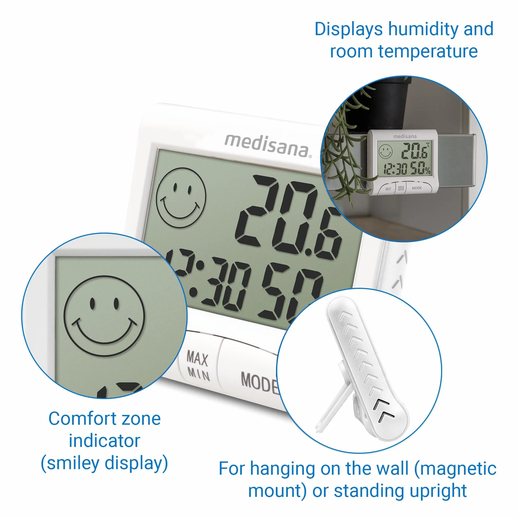 Medisana HG 100 Higrómetro digital, Termómetro ambiental, Medidor de humedad para habitaciones interiores, Indicación de la hora, Para un clima ambiental óptimo, Incluye función de memoria