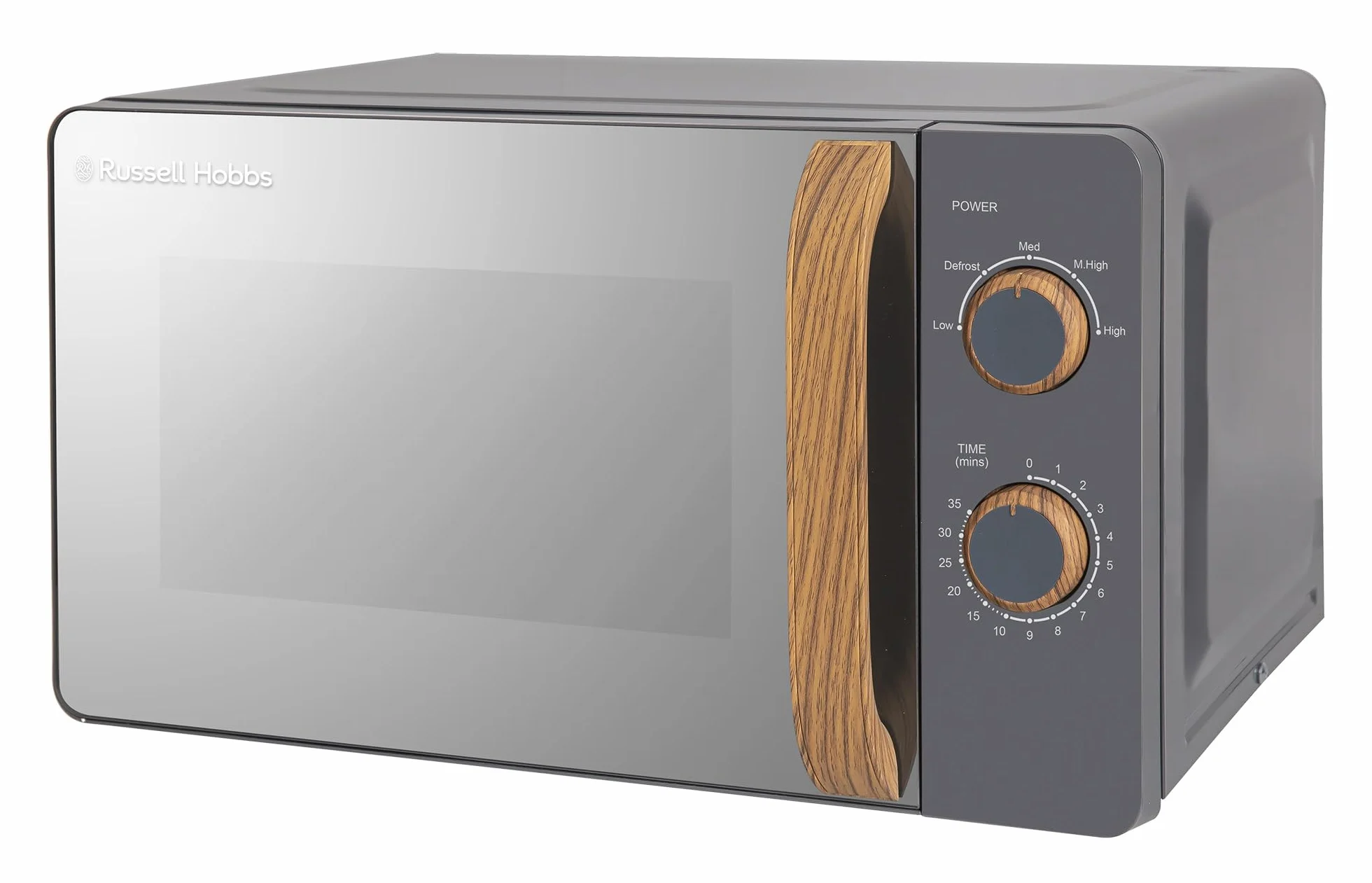 Russell Hobbs RHMM713G - Microondas manual compacto de 17 l y 700 W, estilo escandinavo, 5 niveles de potencia, maneta y diales con efecto madera, temporizador, función de descongelación, gris