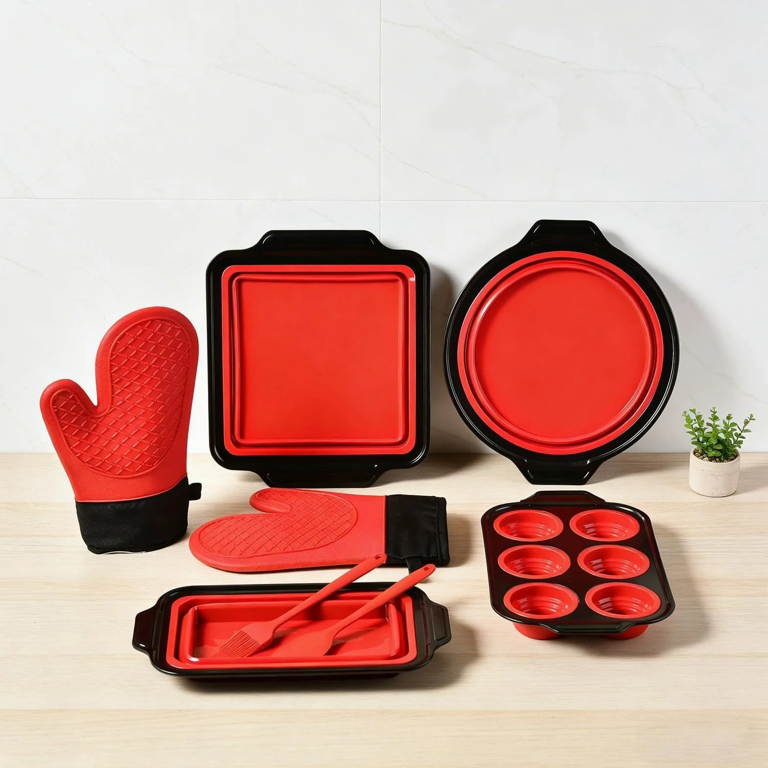 Genérico Molde de Silicona para Hornear Vajilla Flexible para Hornear | Incluye Guante, Espátula y Cepillo Resistente al Lavavajillas, para Magdalenas, Pan, Galletas, Cupcakes, Huevos, Donuts y