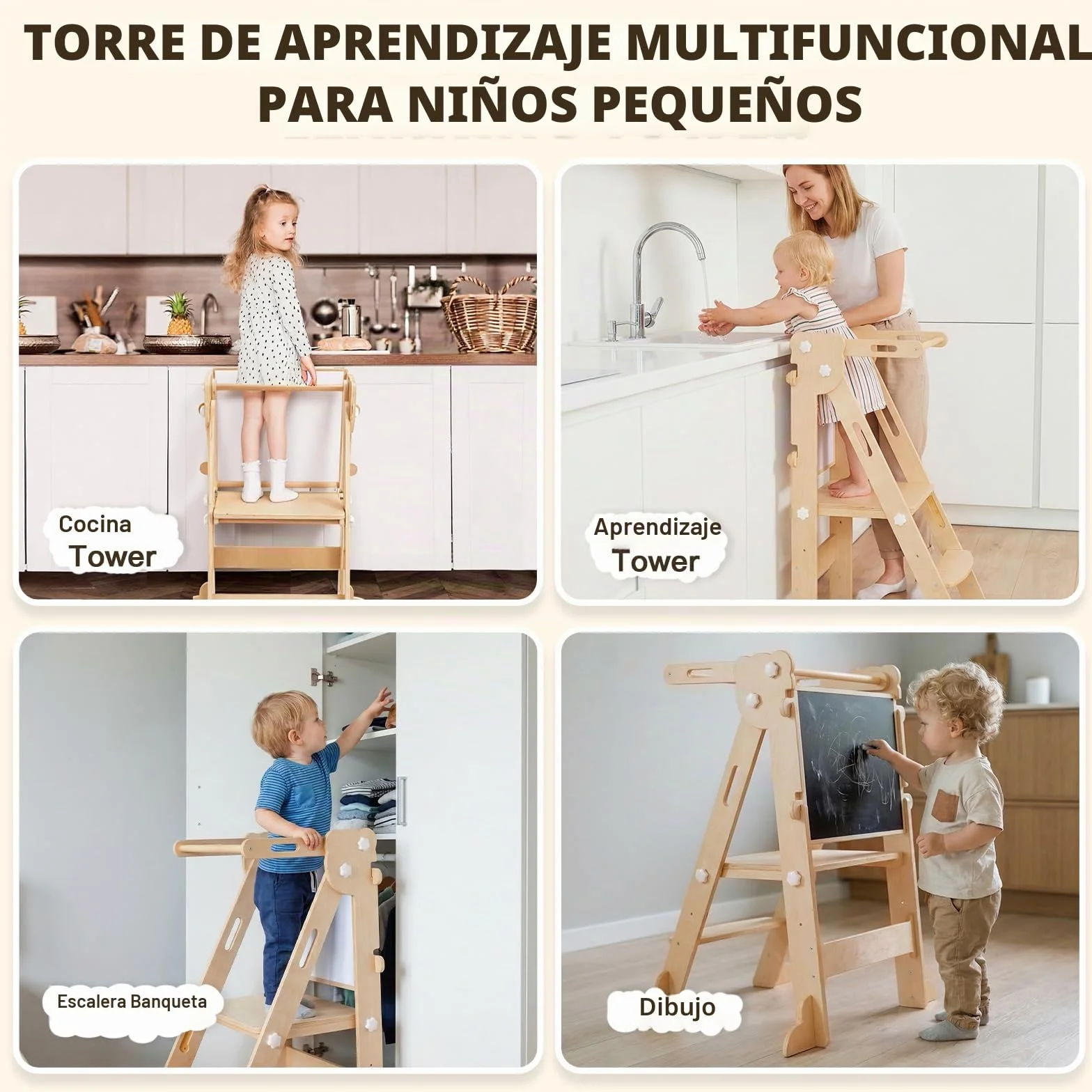 Labebe Torre de Aprendizaje Plegable Niños, Montessori Learning Tower 3 en 1 Multifuncional Ajustable en Altura y Ancho