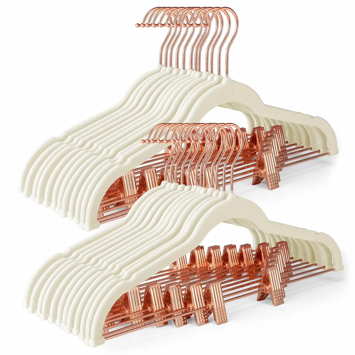 HOUSE DAY Paquete de 24 perchas de terciopelo antideslizantes con clips de oro rosa, perchas delgadas de terciopelo con clips, ganchos de terciopelo para jeans, pantalones, vestidos, abrigos (marfil)
