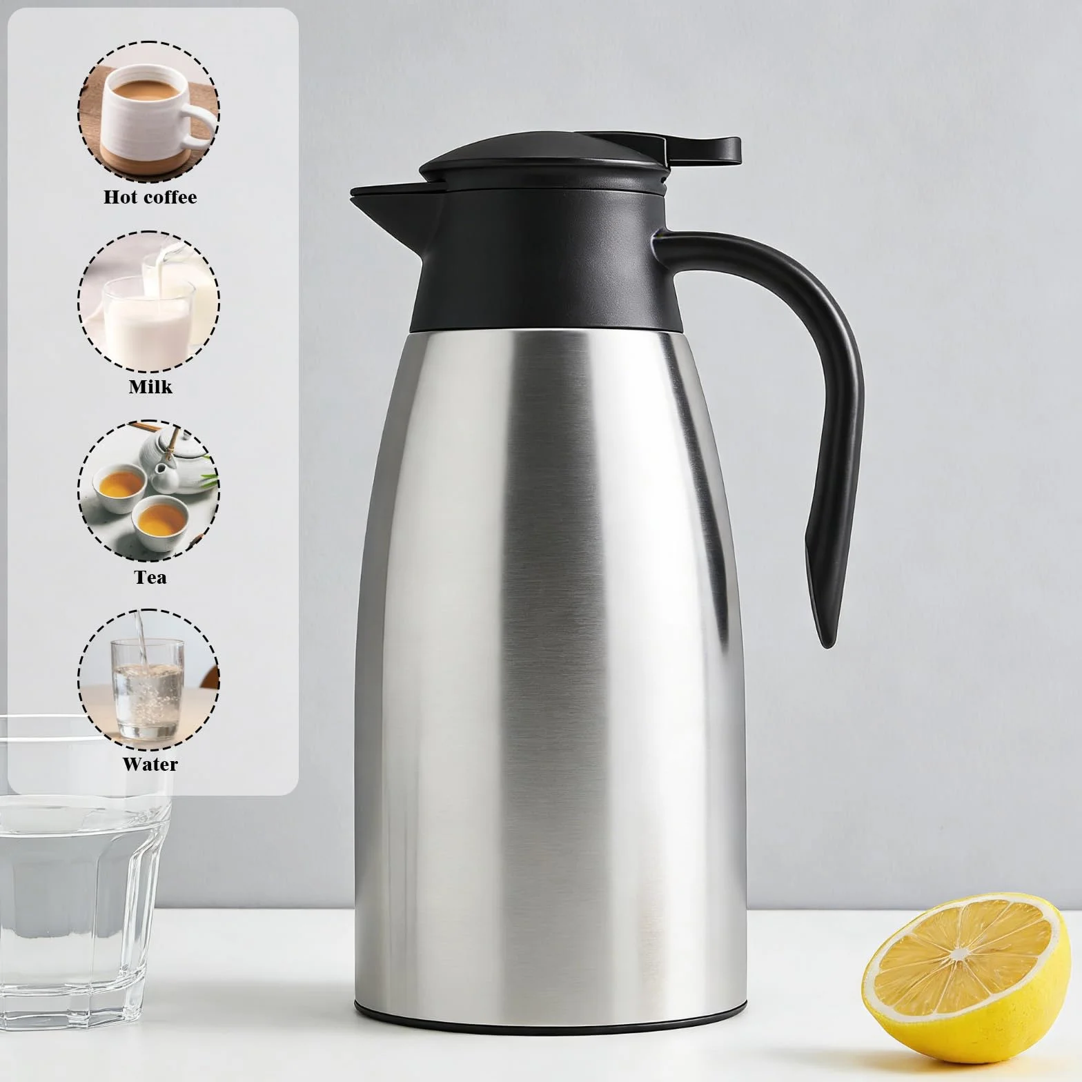 2 Litros Jarra Cafe, Termo de Agua Caliente, Hervidores al Vacío Aislados, Se Mantiene Caliente Durante 24 Horas, Termo Grande para Café, Té, Agua, Bebida, Jugo, Jarra Caliente