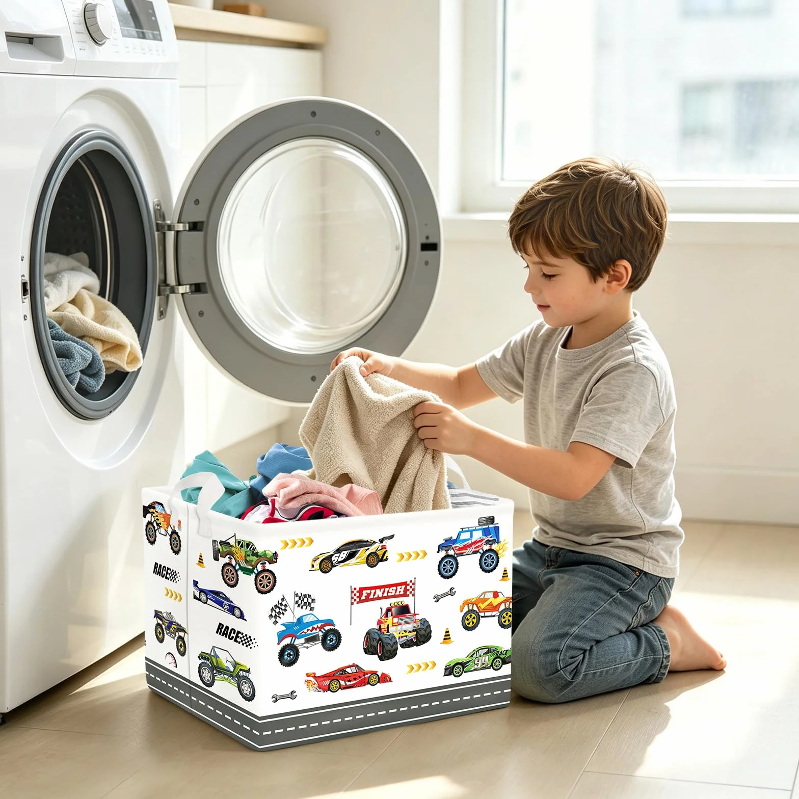Clastyle Cestos Almacenaje Infantil Coche Cesta Ropa Sucia Plegable para Habitación Infantil Dormitorio Cajas de Almacenaje Juguetes para Chico, Camión Monstruo, 40x30x30 cm