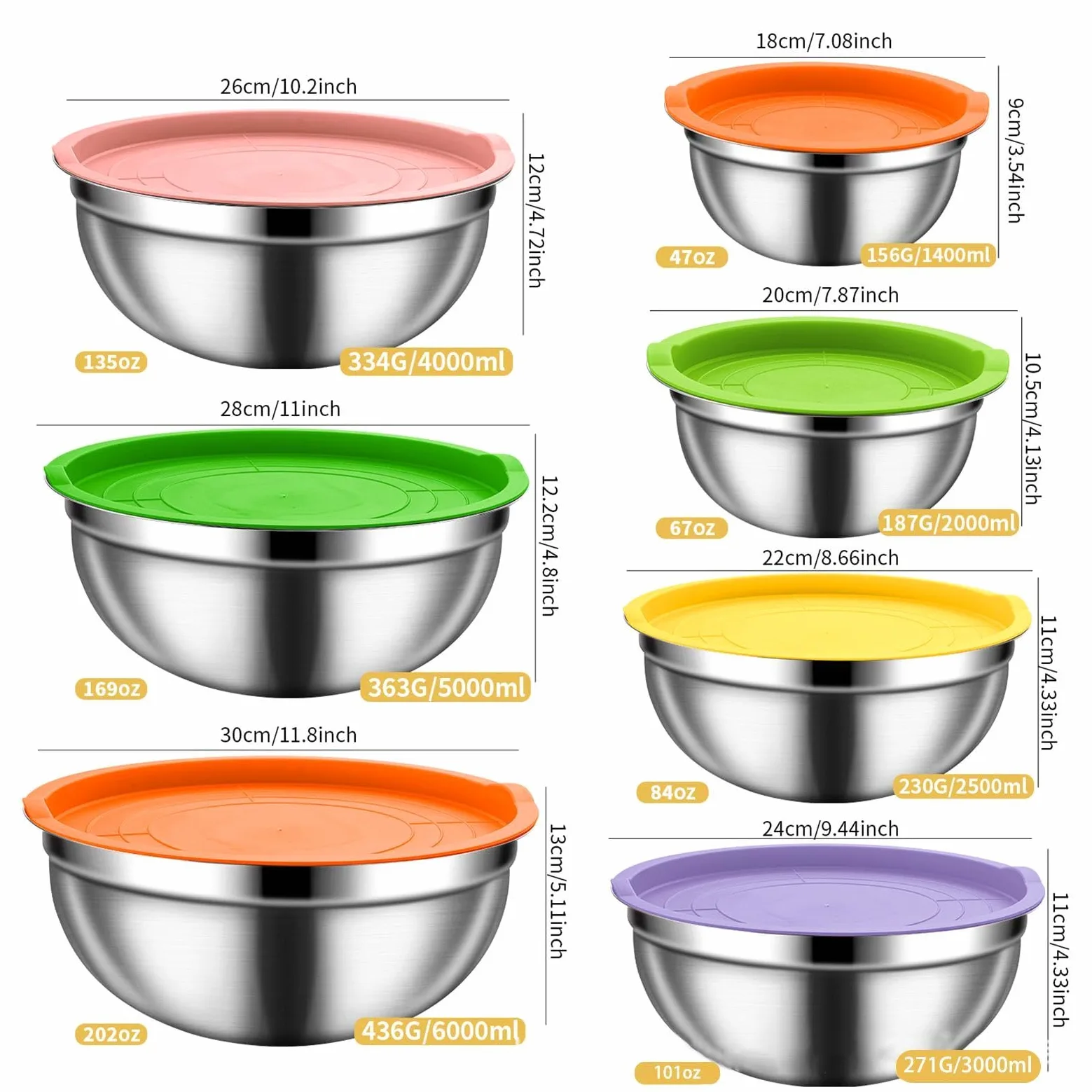 Juego de Bol para Mezclar con Tapa Acero Inoxidable Apilable Antideslizante | Ideales para Ensaladas y Preparaciones Para Salsas, Snacks, Huevos, Aderezos, Verduras, Masa Y Frutas
