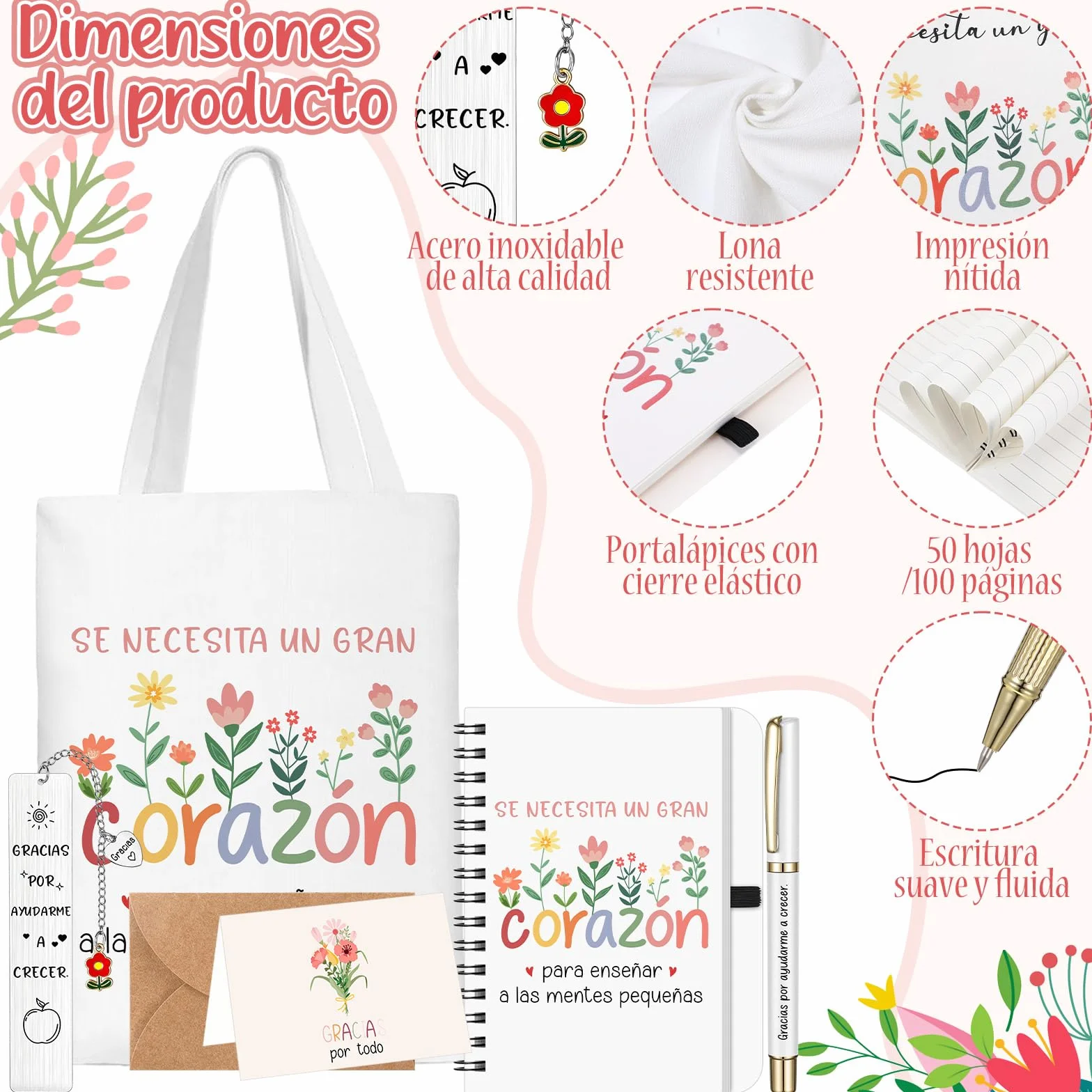 Sinmoe 6 Piezas Kit Regalos Profesora Infantil Regalo Maestra Bolsa Profesora Libreta Maestra Bolígrafo Tarjeta Agradecimiento con Sobre Marcadores de Libros de Metal para Graduación