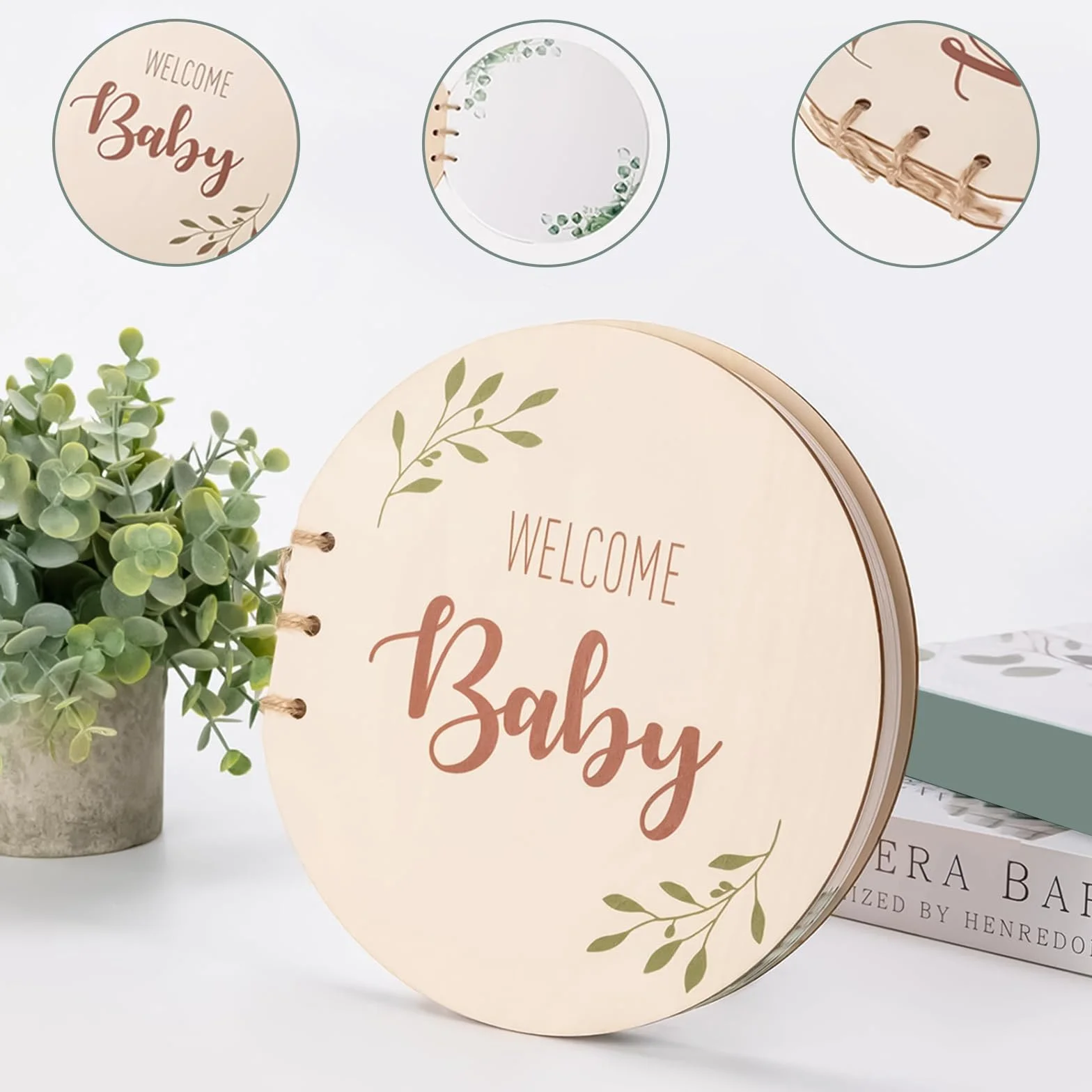 Libro Visitas Baby Shower, Libro de Invitados para Baby Shower, Libro Invitados con Tapa de Madera, Libro Firmas Bautizo, Libro Recuerdos Bebe, Redondo, con 35PCS Papel en Blanco (B)