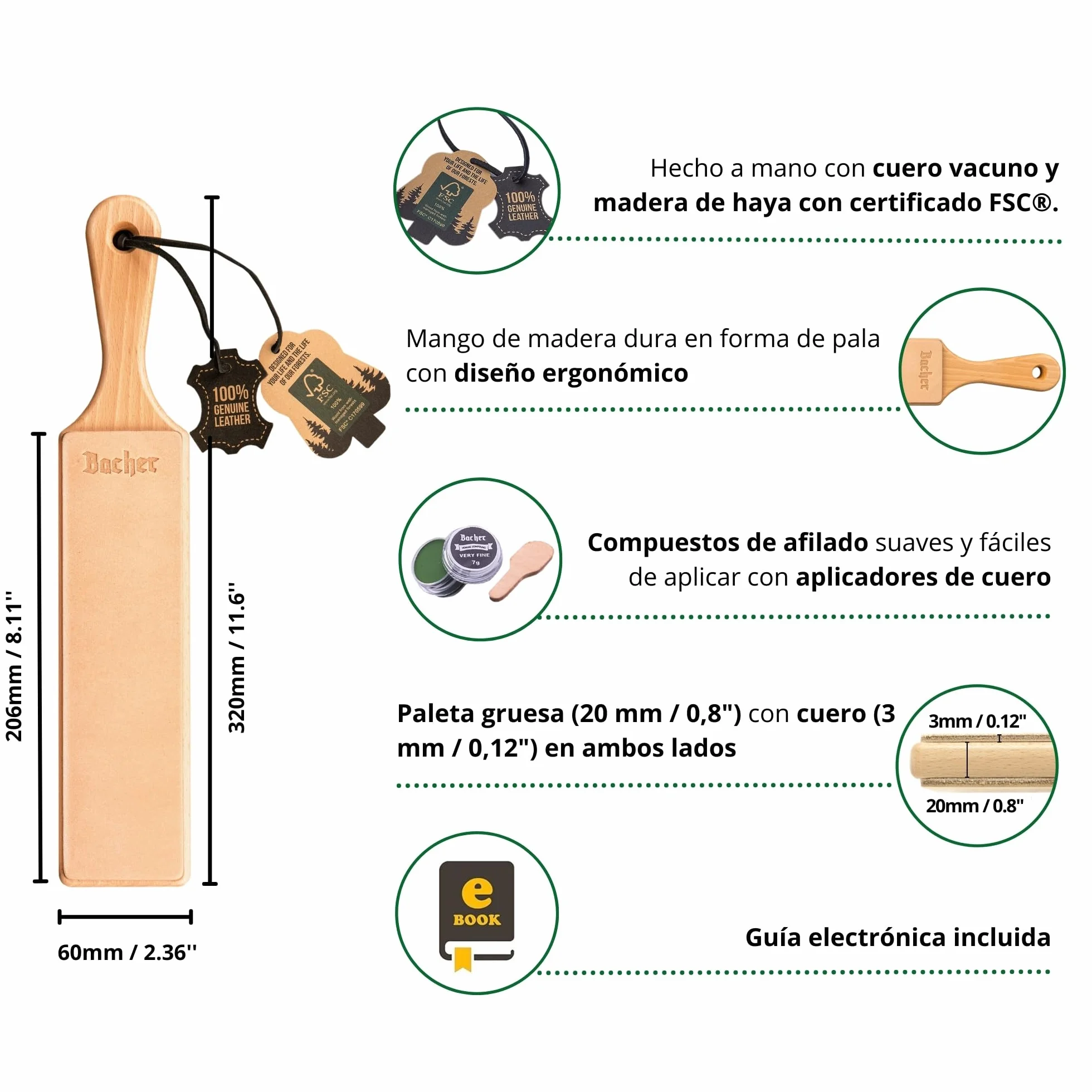 BACHER Premium Asentador de Cuero Strop para Cuchillos Paleta de madera dura cubierta concuero de curtido vegetal de 1/8"de grosor. Incluye un kit de 4 compuestos de afilado.