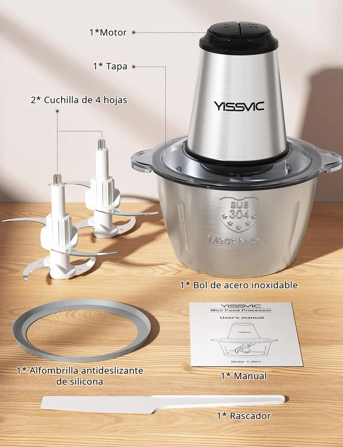 YISSVIC Picadora Eléctrica Picadoras de Carne 500W y Capacidad 2L Verduras y Frutas Minipicadoras de Alimentos con 2 Cabezales y 8 Cuchillas